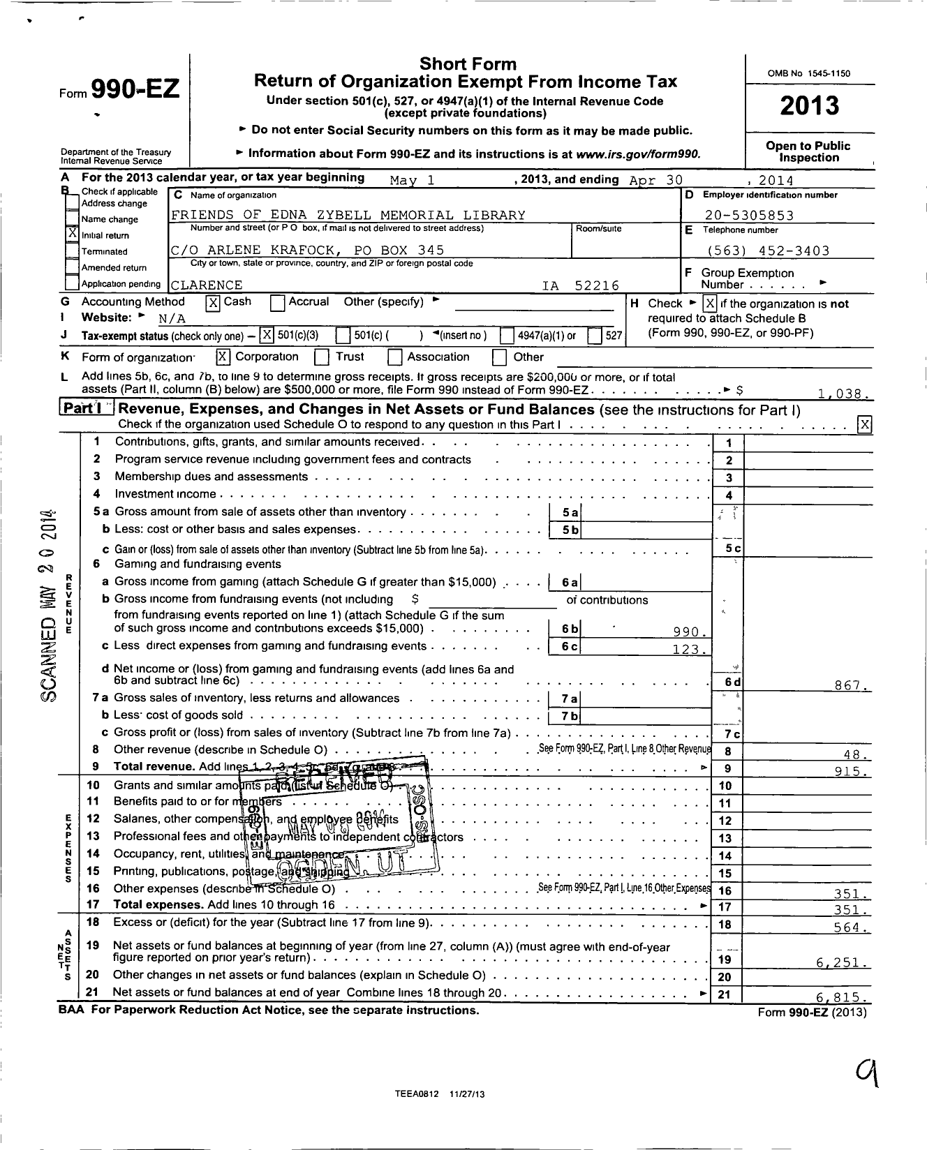 Image of first page of 2013 Form 990EZ for Friends of the Clarence Library