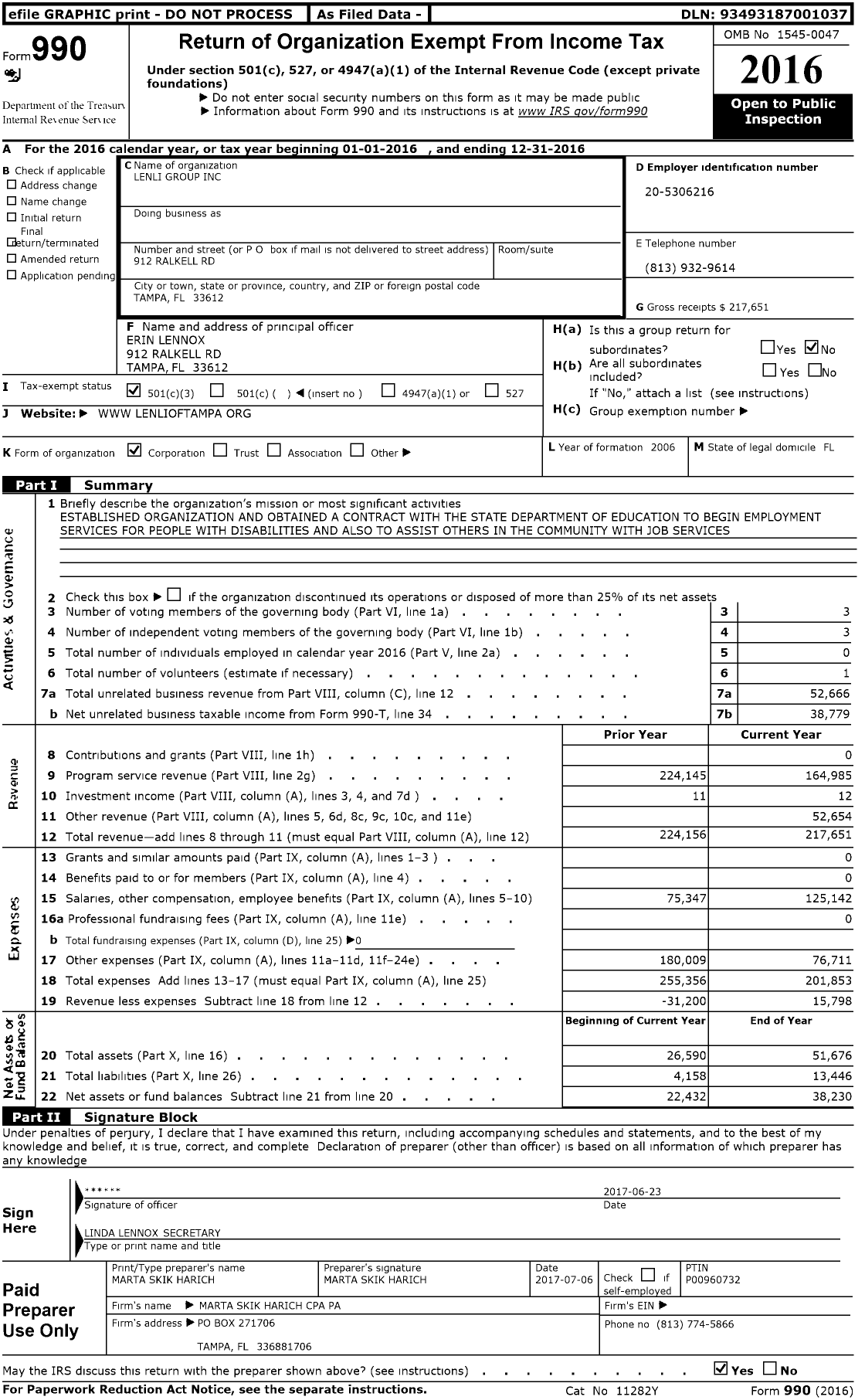 Image of first page of 2016 Form 990 for Lenli Group