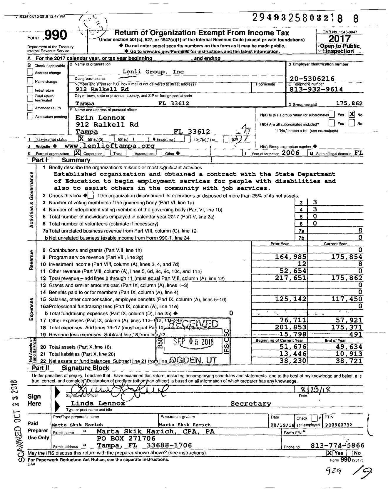 Image of first page of 2017 Form 990 for Lenli Group