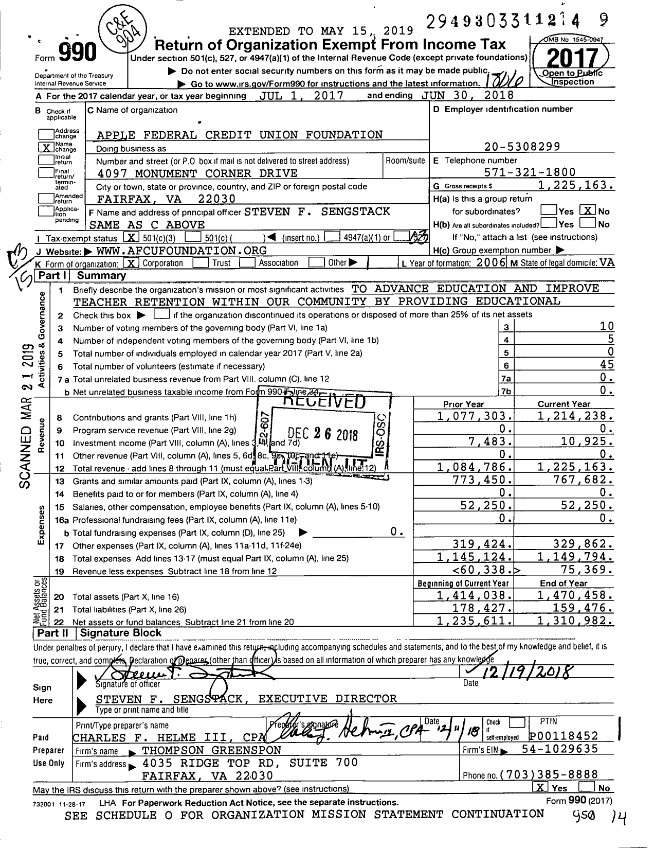 Image of first page of 2017 Form 990 for Apple Federal Credit Union Foundation