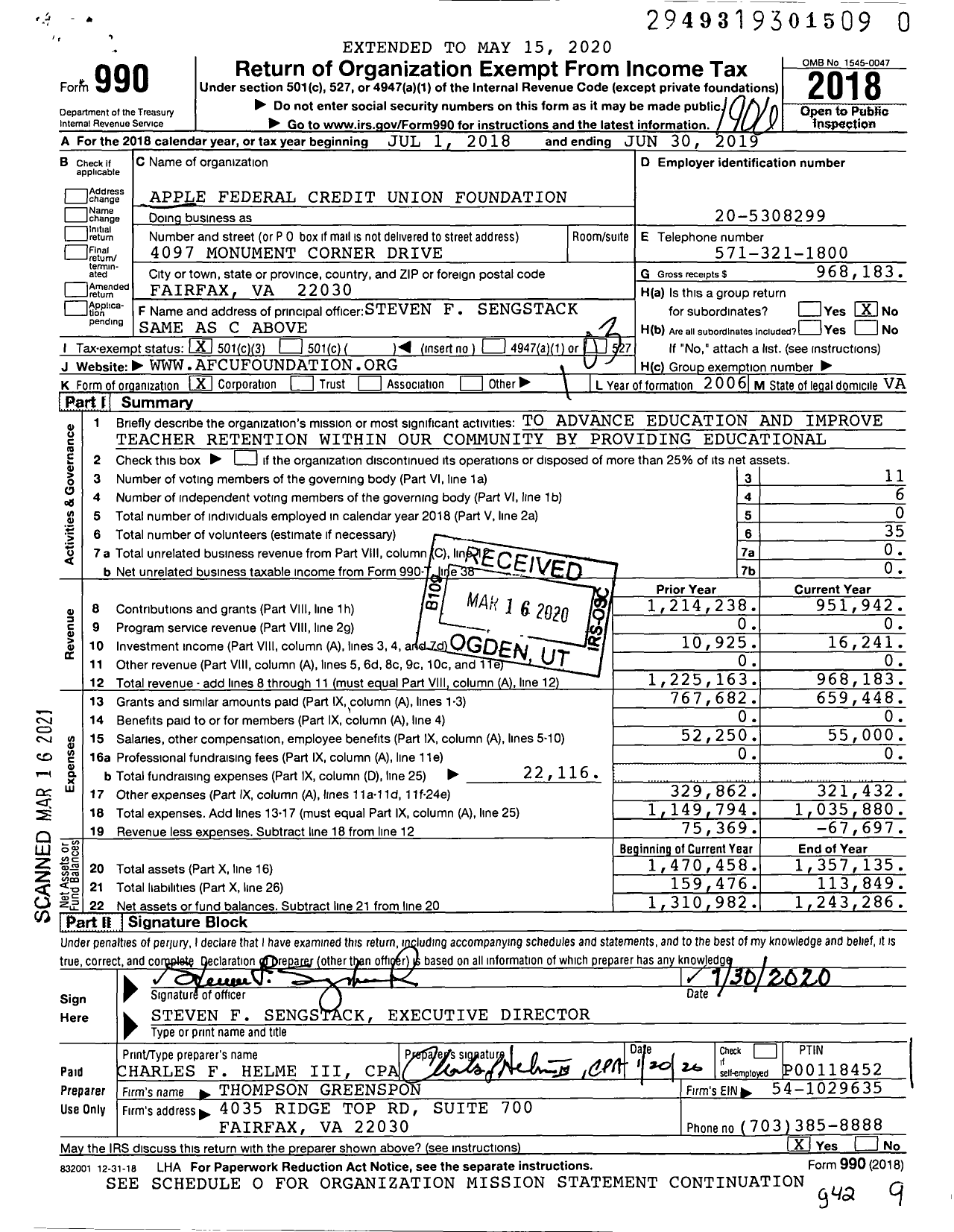 Image of first page of 2018 Form 990 for Apple Federal Credit Union Foundation