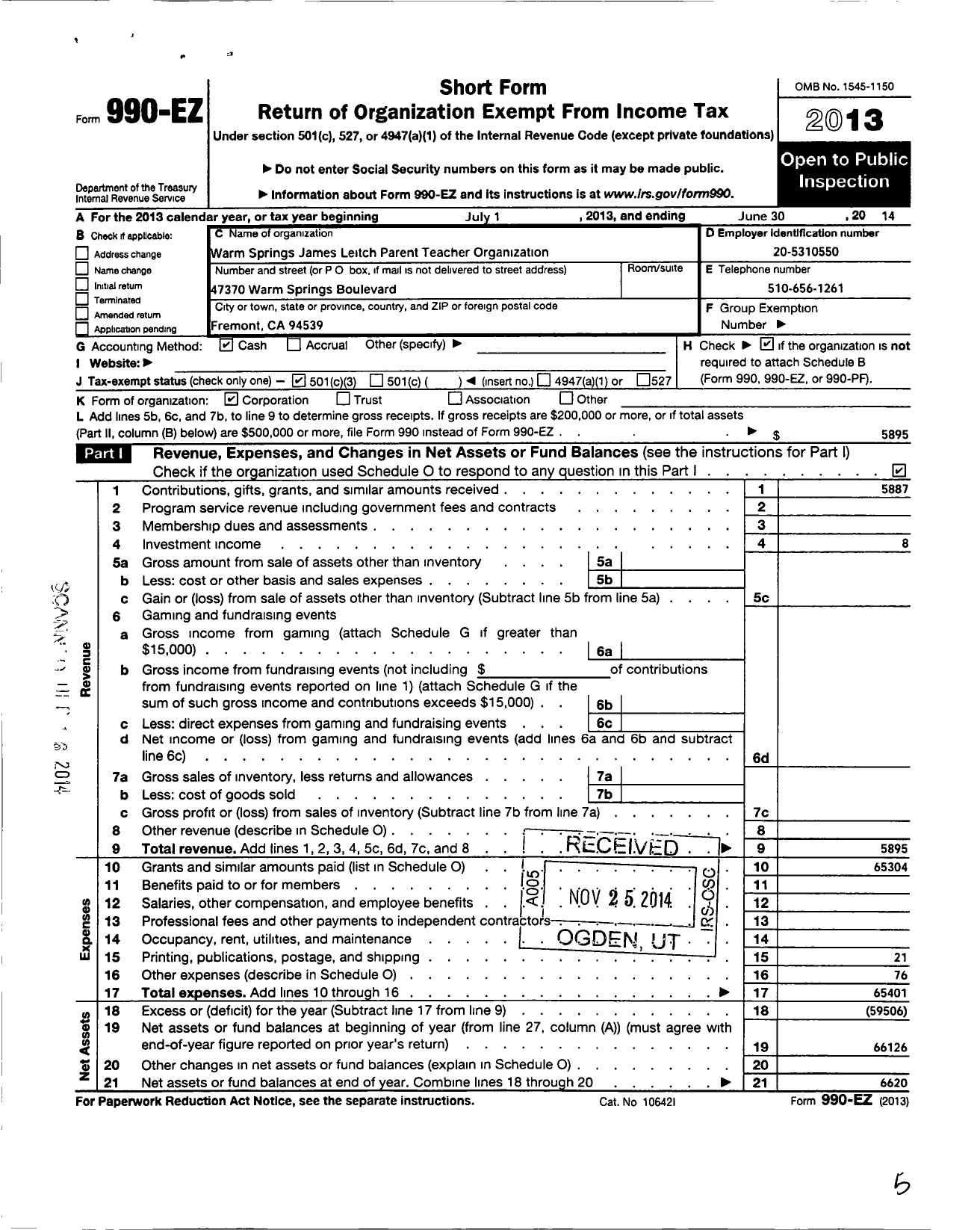 Image of first page of 2013 Form 990EZ for Warm Springs - James Leitch Parent Teacher Organization