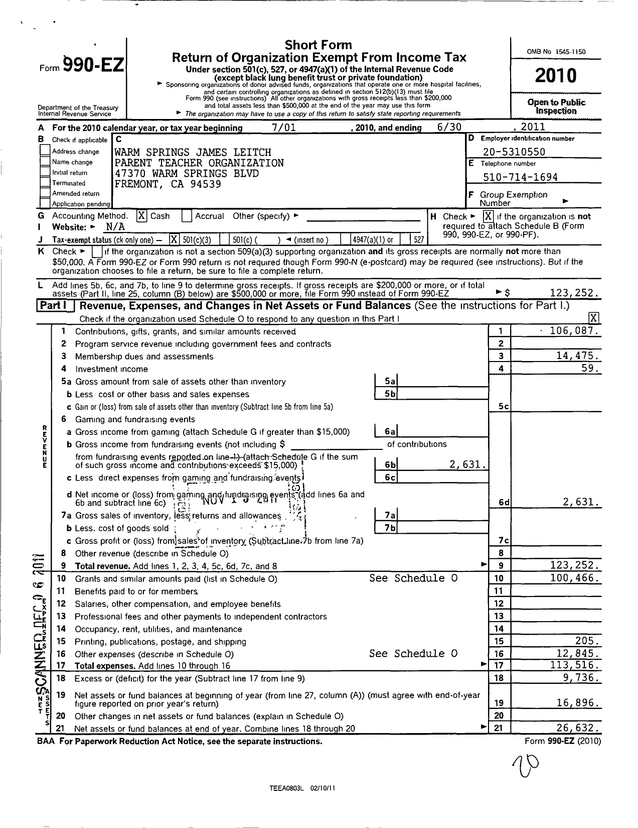 Image of first page of 2010 Form 990EZ for Warm Springs - James Leitch Parent Teacher Organization