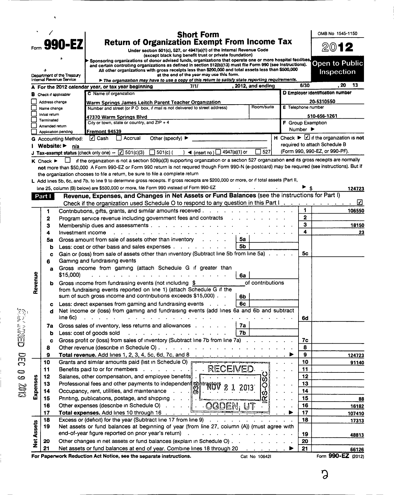 Image of first page of 2012 Form 990EZ for Warm Springs - James Leitch Parent Teacher Organization