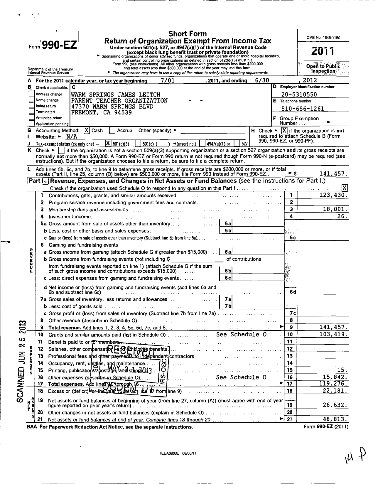 Image of first page of 2011 Form 990EZ for Warm Springs - James Leitch Parent Teacher Organization