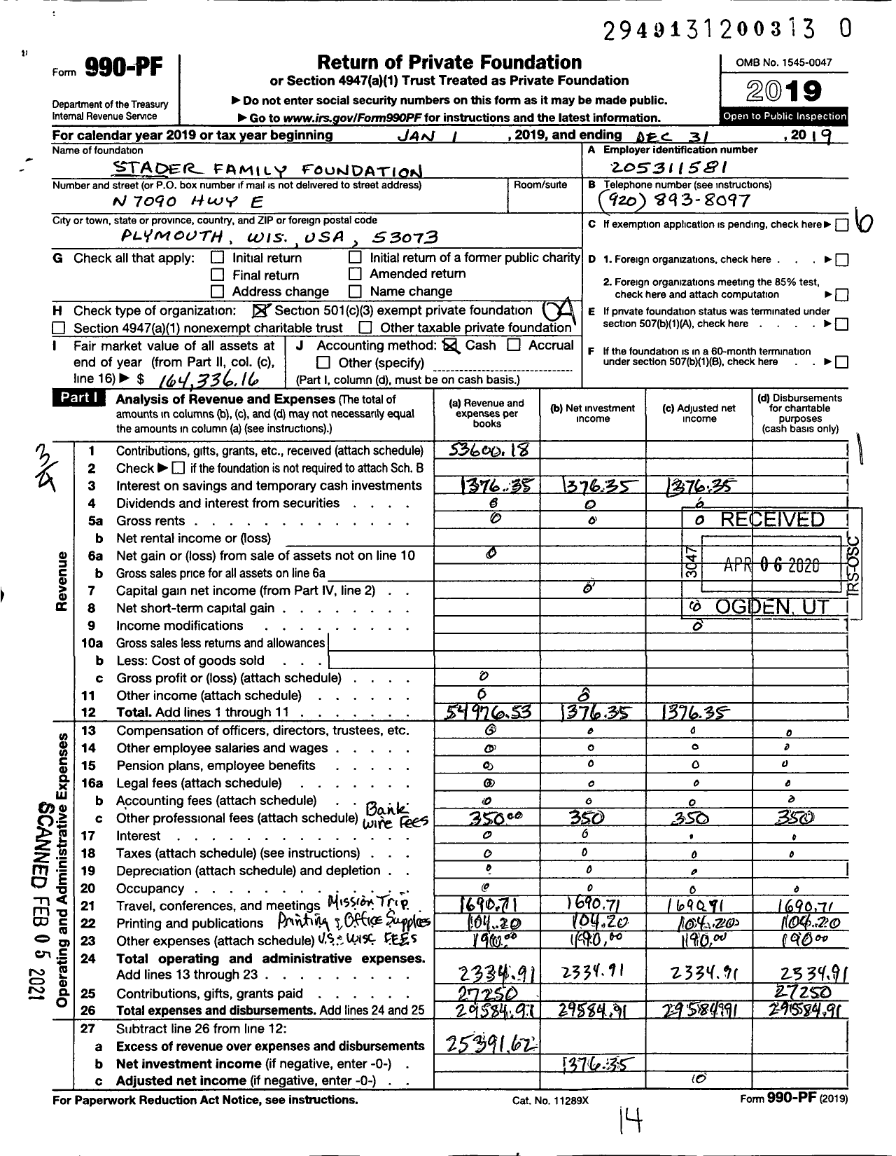 Image of first page of 2019 Form 990PF for Stader Family Foundation