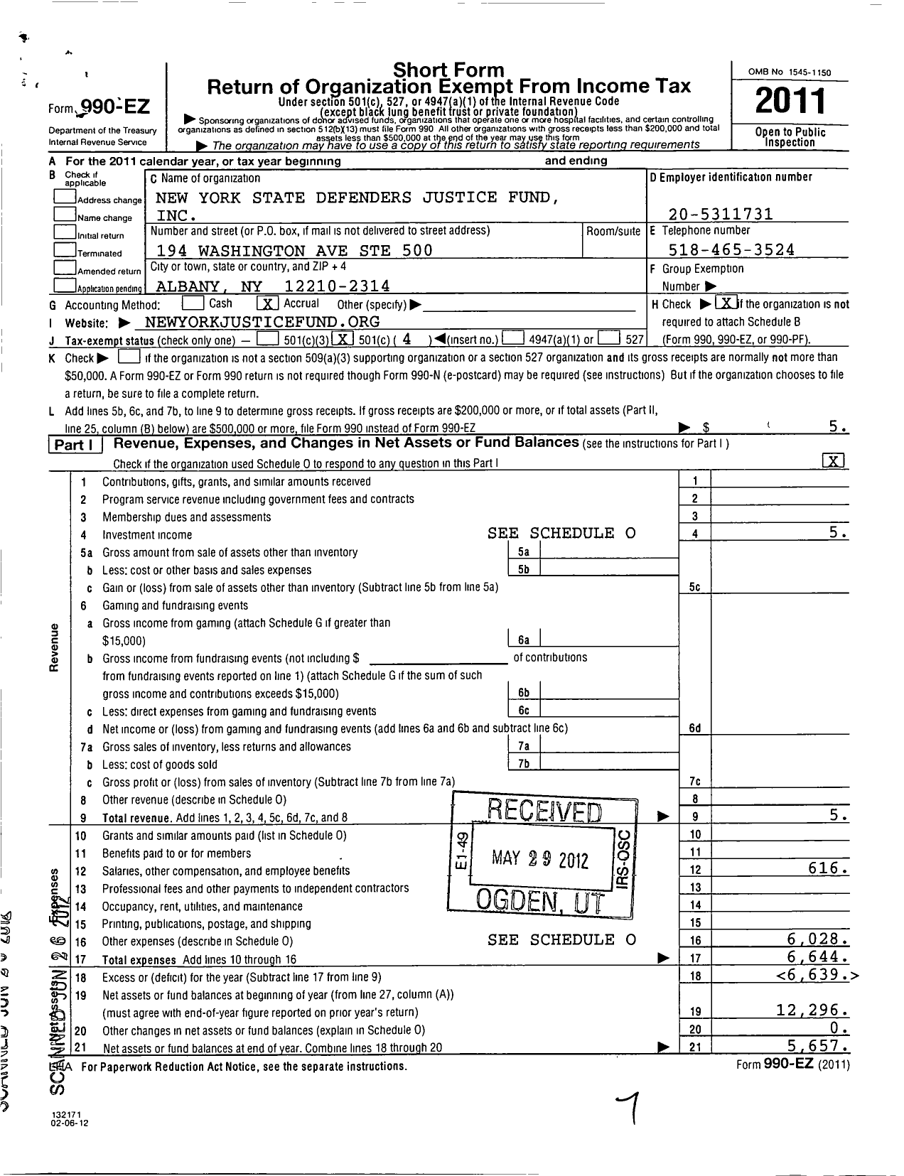 Image of first page of 2011 Form 990EO for New York State Defenders Justice Fund