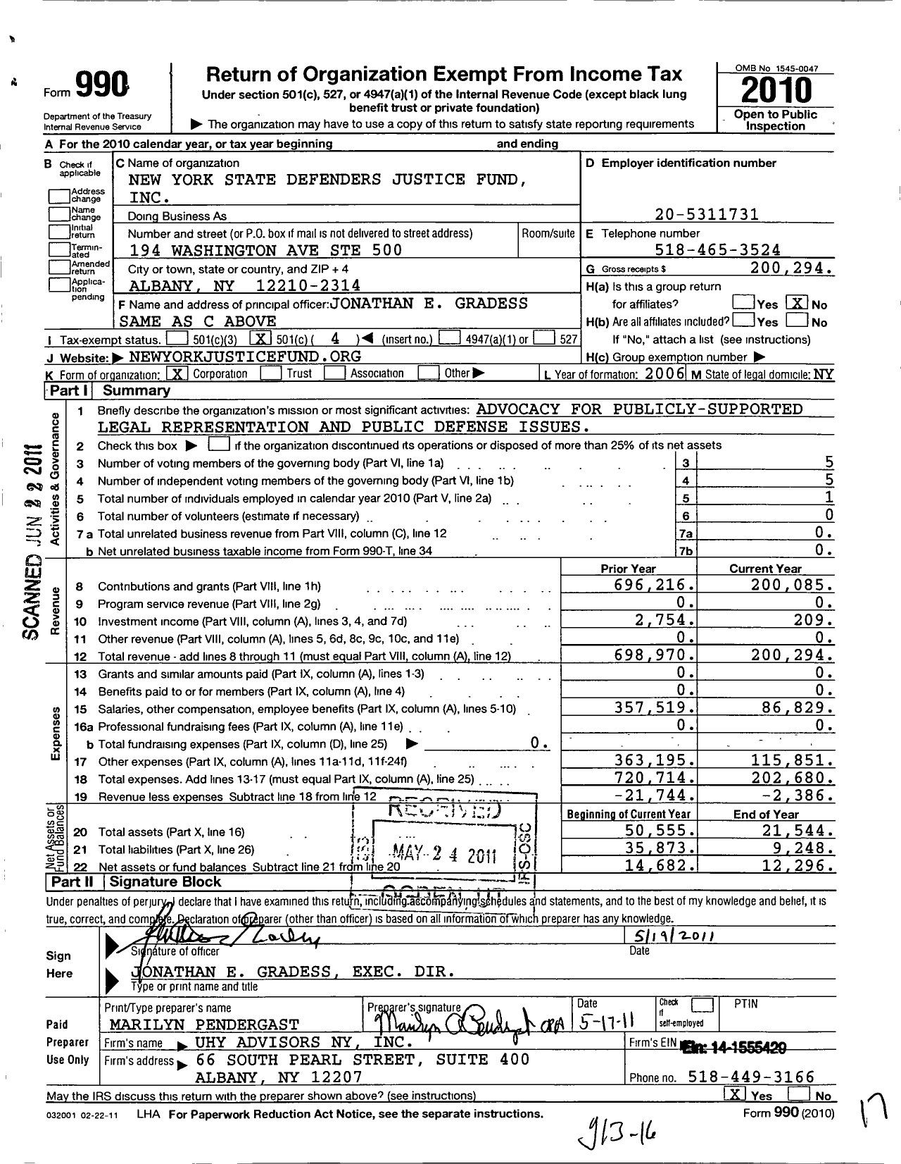 Image of first page of 2010 Form 990O for New York State Defenders Justice Fund