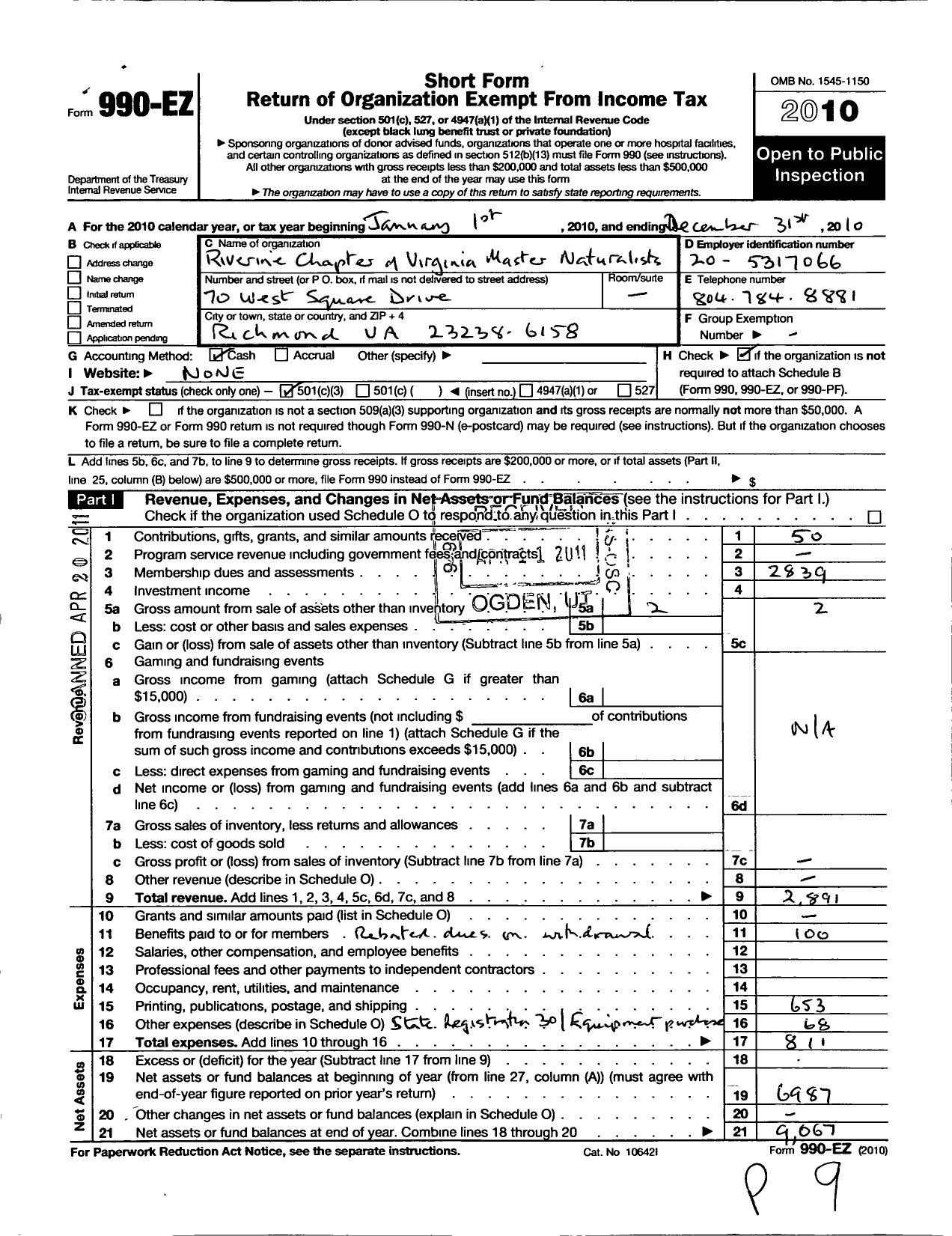 Image of first page of 2010 Form 990EZ for Riverine Chapter of Virginia Master Naturalist Program