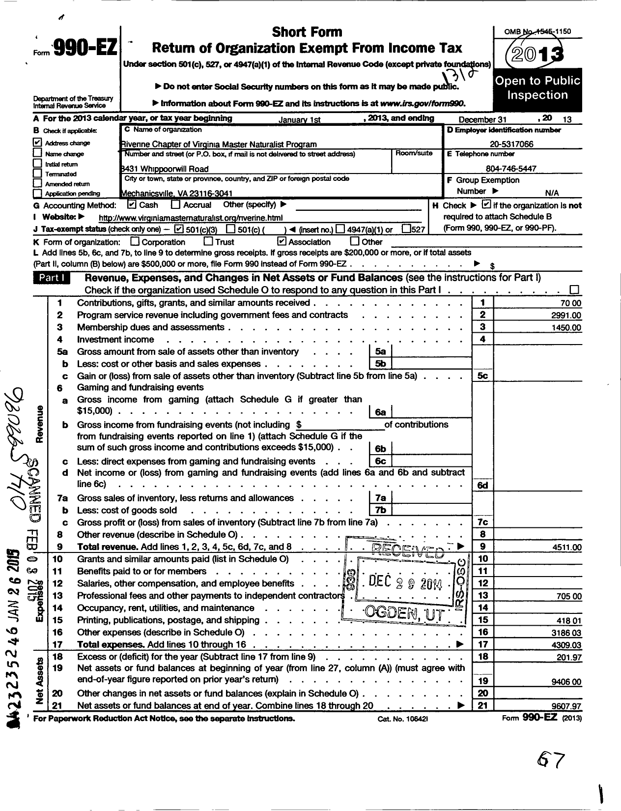 Image of first page of 2013 Form 990EZ for Riverine Chapter of Virginia Master Naturalist Program