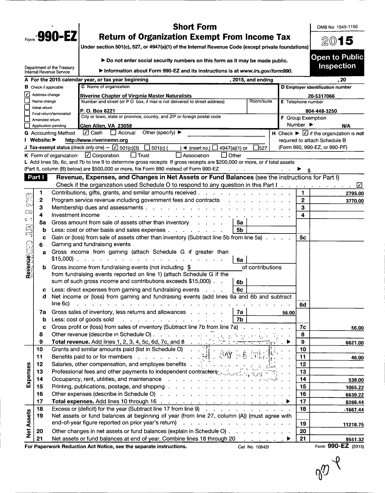 Image of first page of 2015 Form 990EZ for Riverine Chapter of Virginia Master Naturalist Program