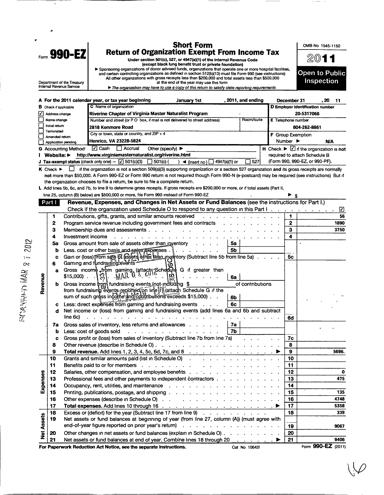 Image of first page of 2011 Form 990EZ for Riverine Chapter of Virginia Master Naturalist Program