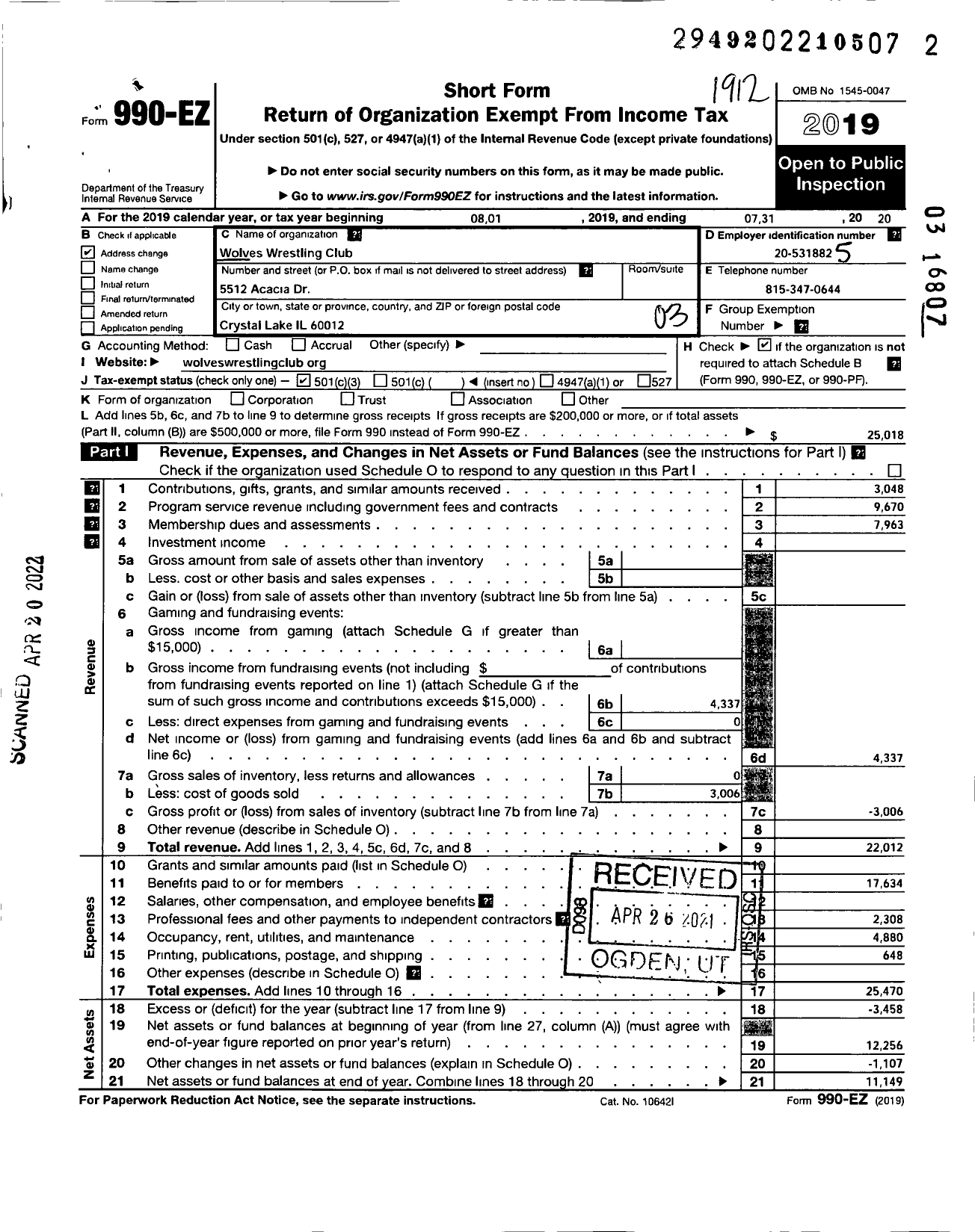 Image of first page of 2019 Form 990EZ for Wolves Wrestling Club