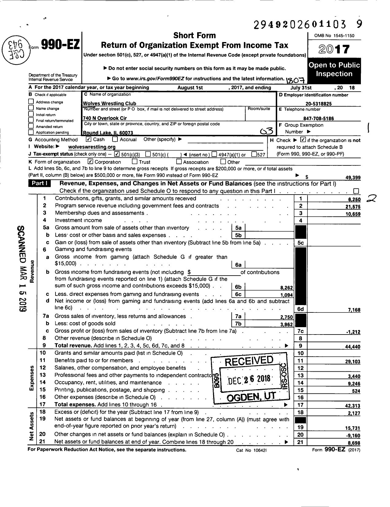 Image of first page of 2017 Form 990EZ for Wolves Wrestling Club