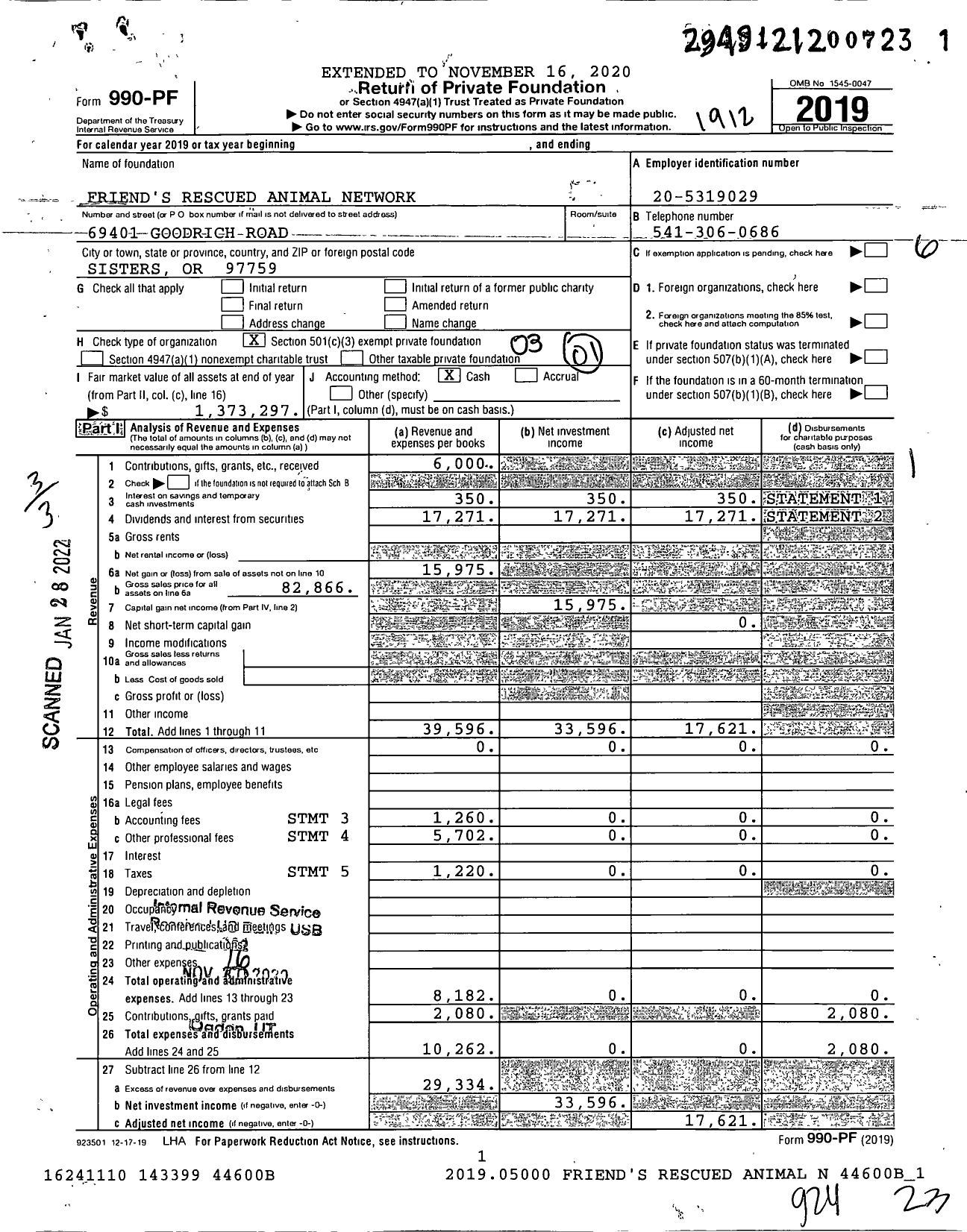 Image of first page of 2019 Form 990PF for Friend's Rescued Animal Network