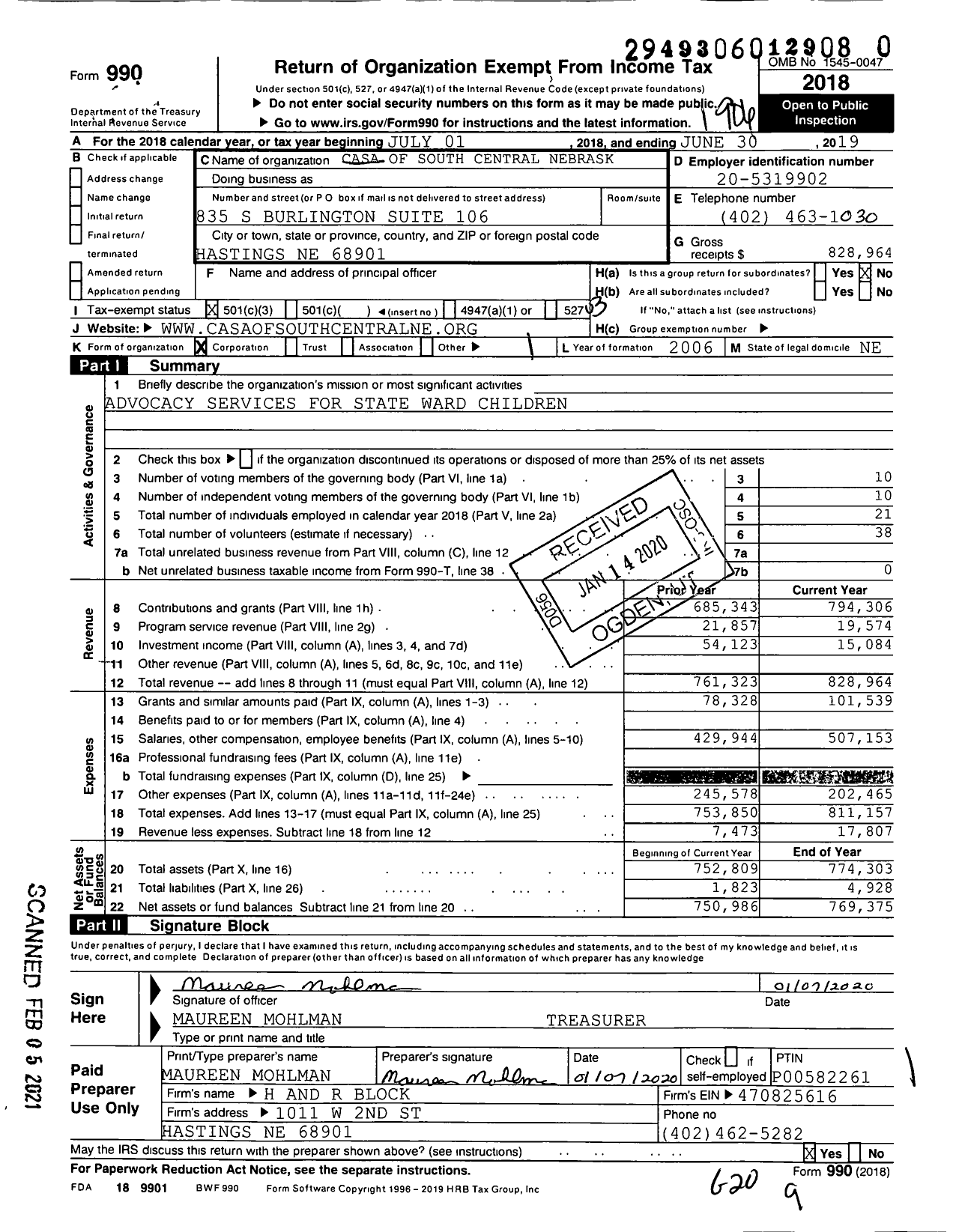 Image of first page of 2018 Form 990 for Casa of South Central Nebraska