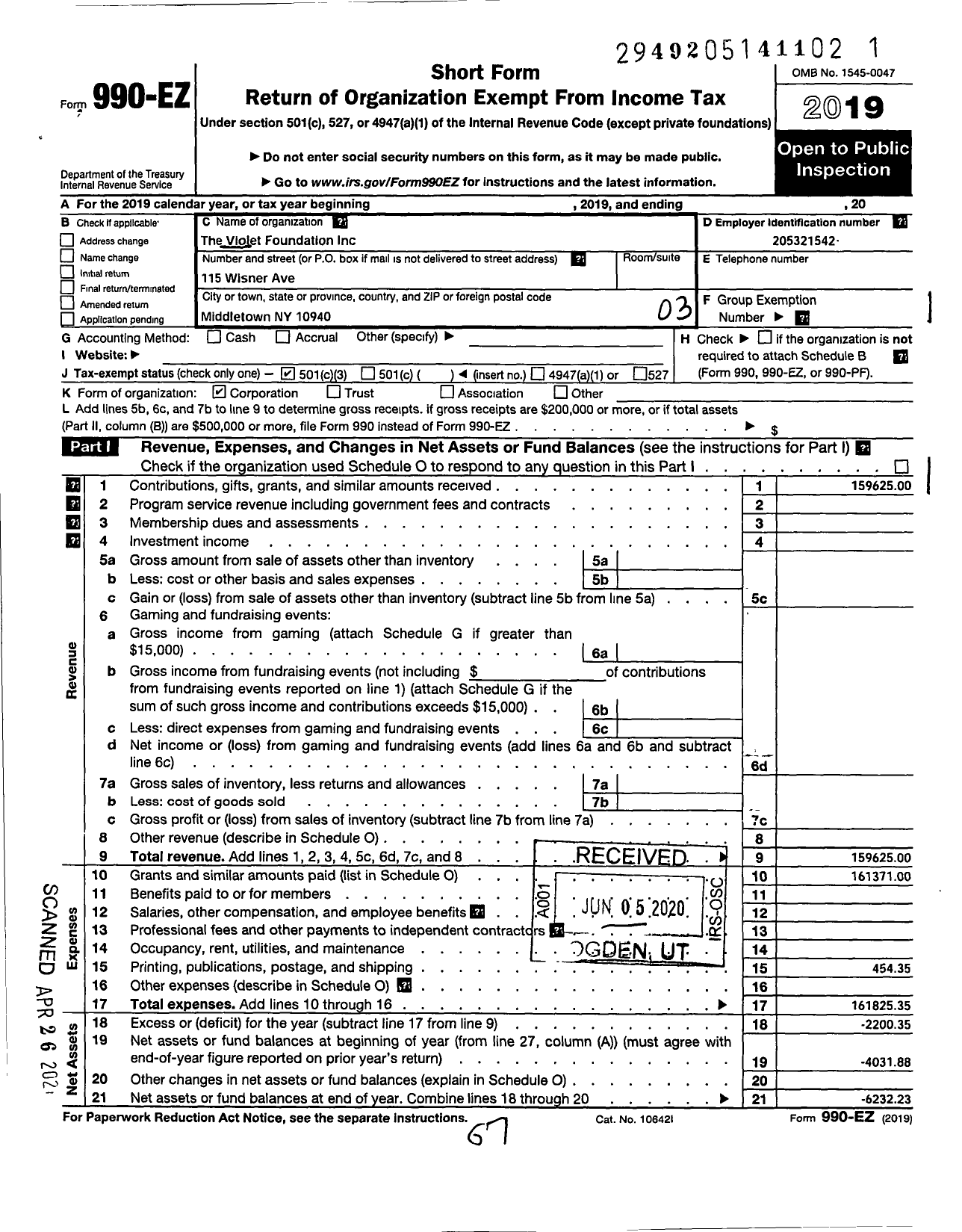 Image of first page of 2019 Form 990EZ for The Violet Foundation