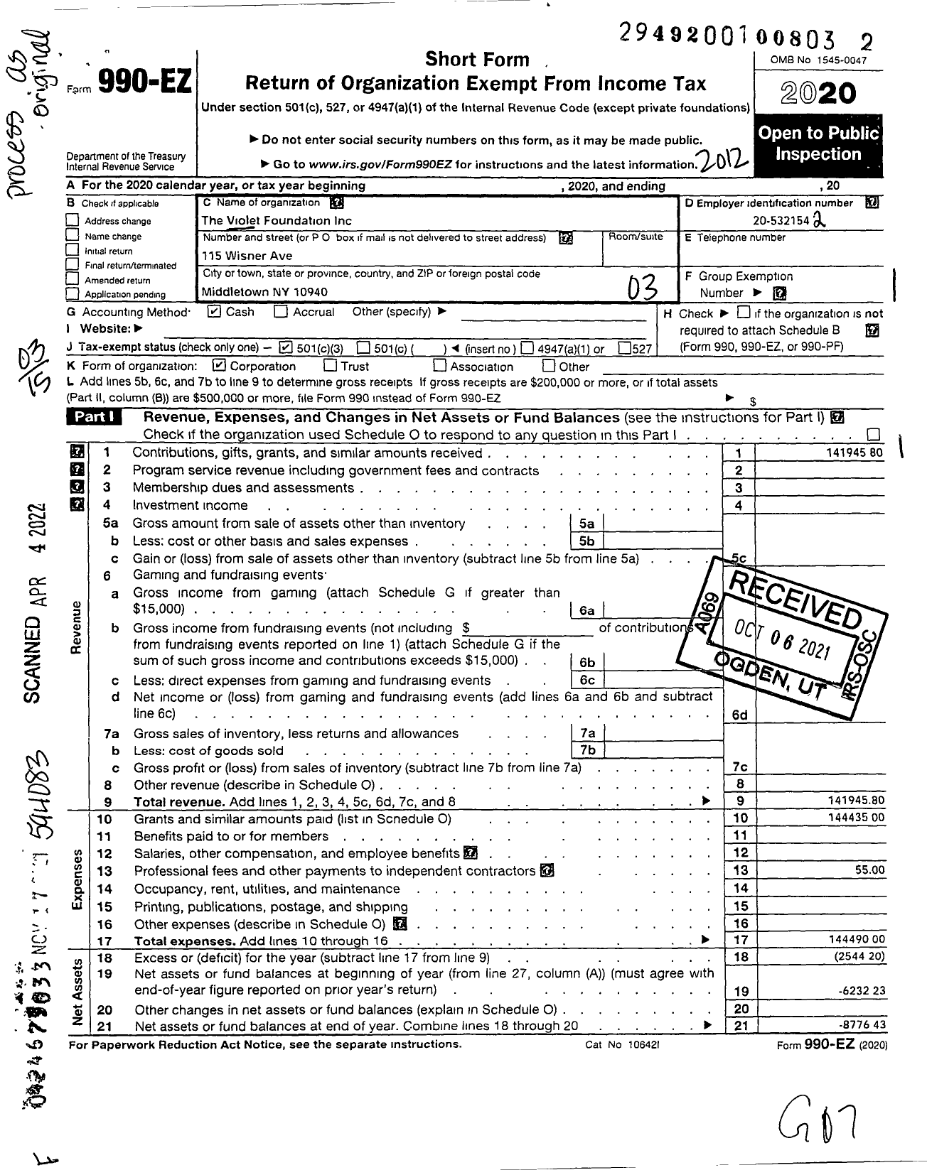 Image of first page of 2020 Form 990EZ for The Violet Foundation