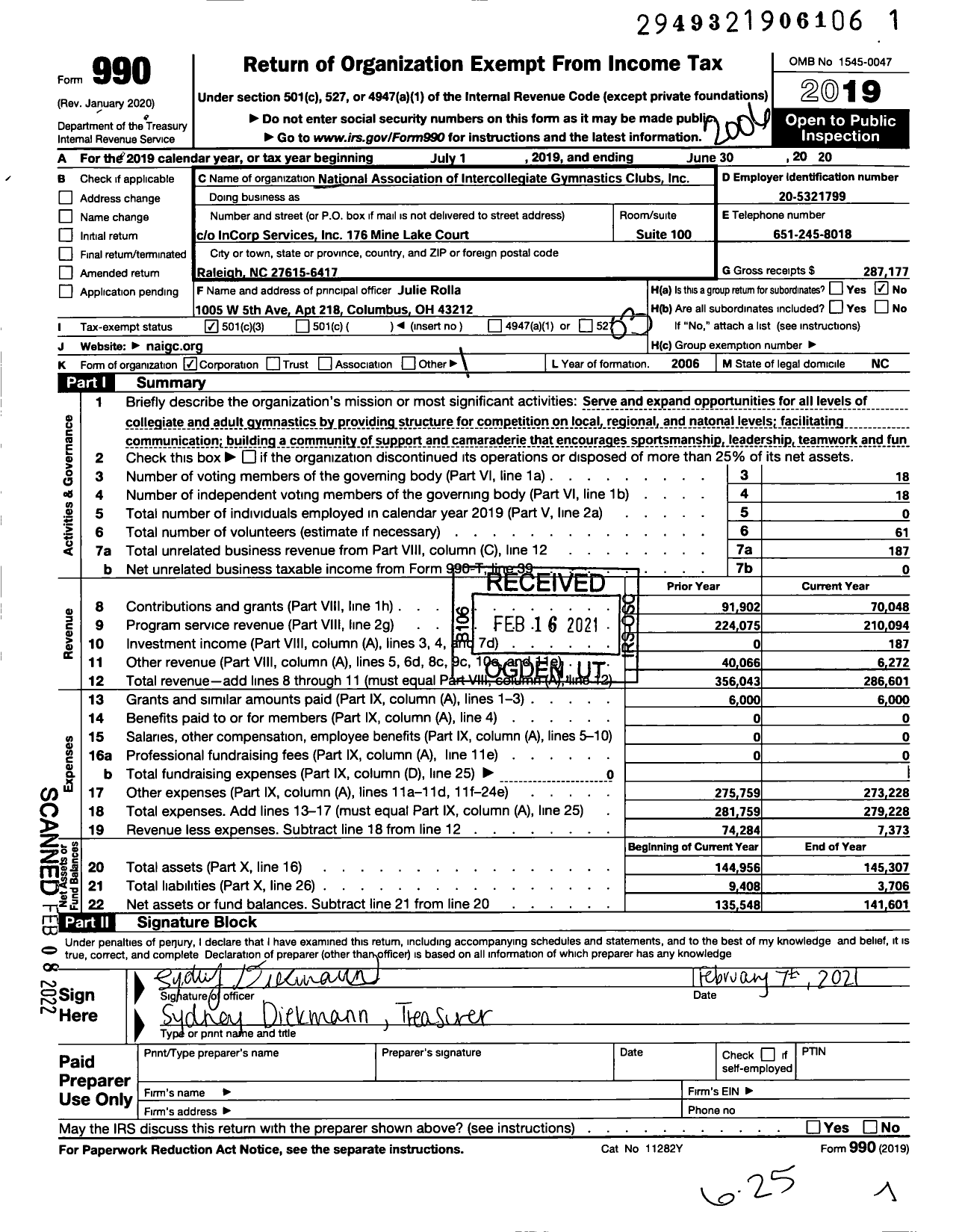 Image of first page of 2019 Form 990 for National Association of Intercollegiate Gymnastics Clubs