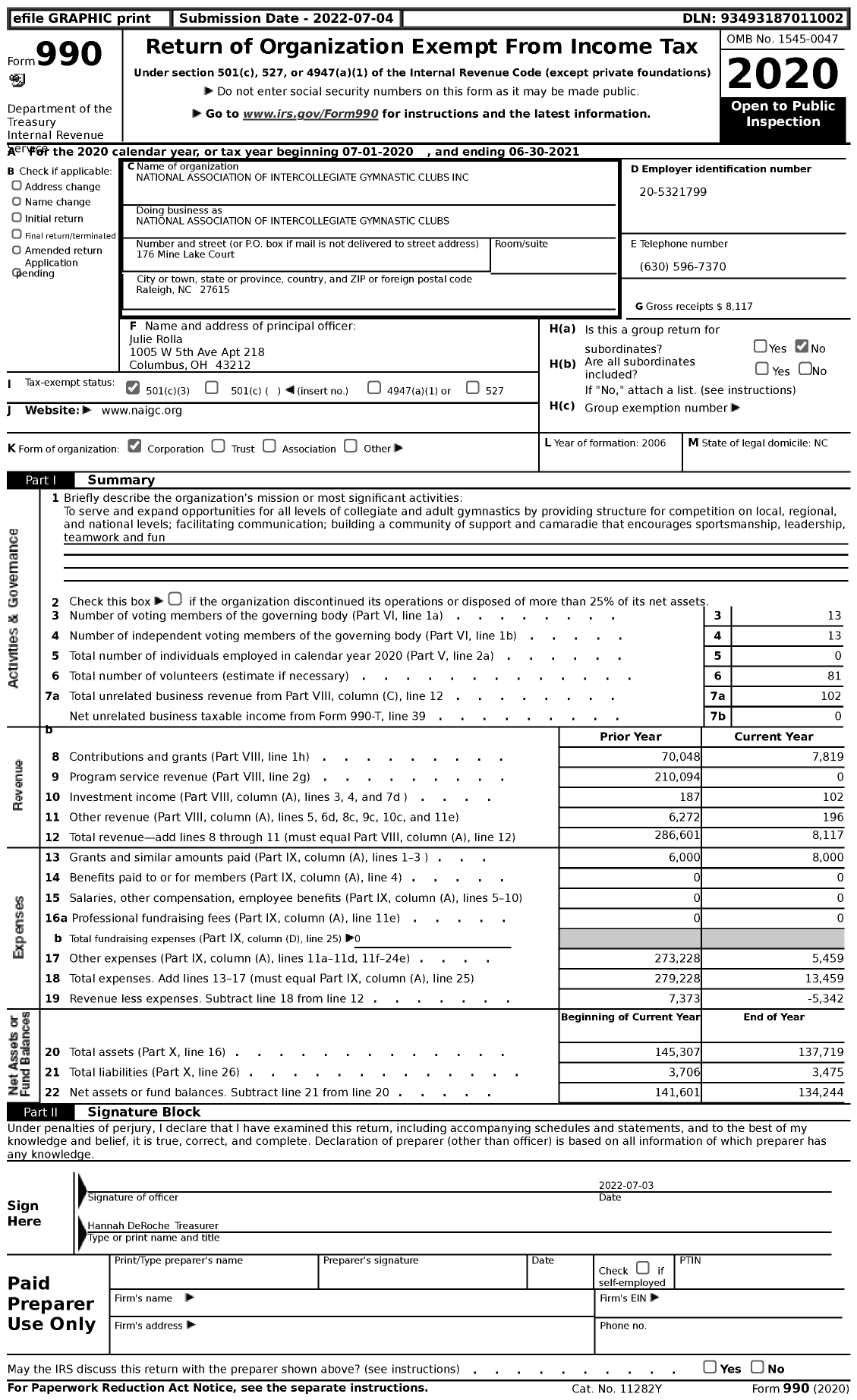 Image of first page of 2020 Form 990 for National Association of Intercollegiate Gymnastics Clubs