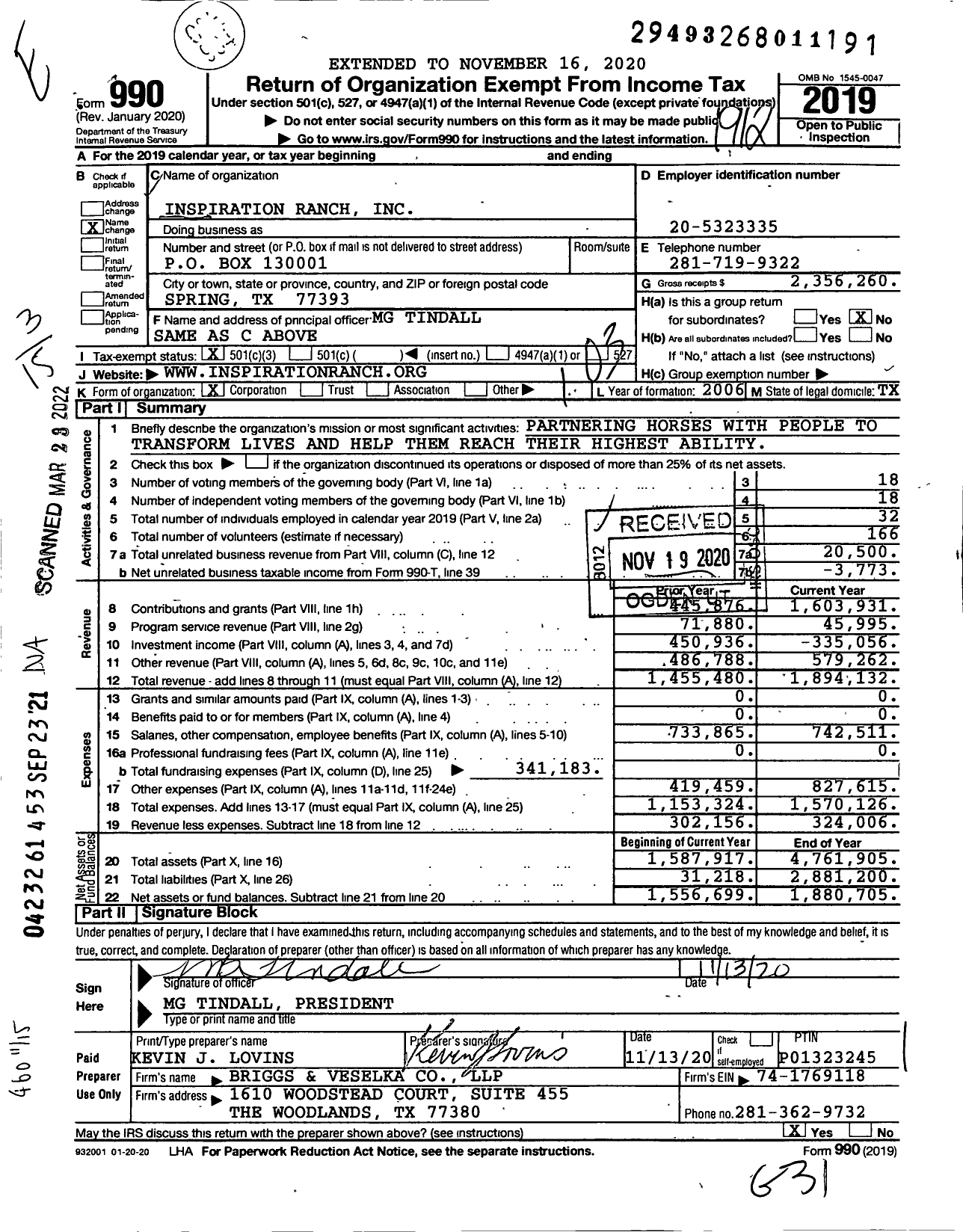 Image of first page of 2019 Form 990 for Inspiration Ranch