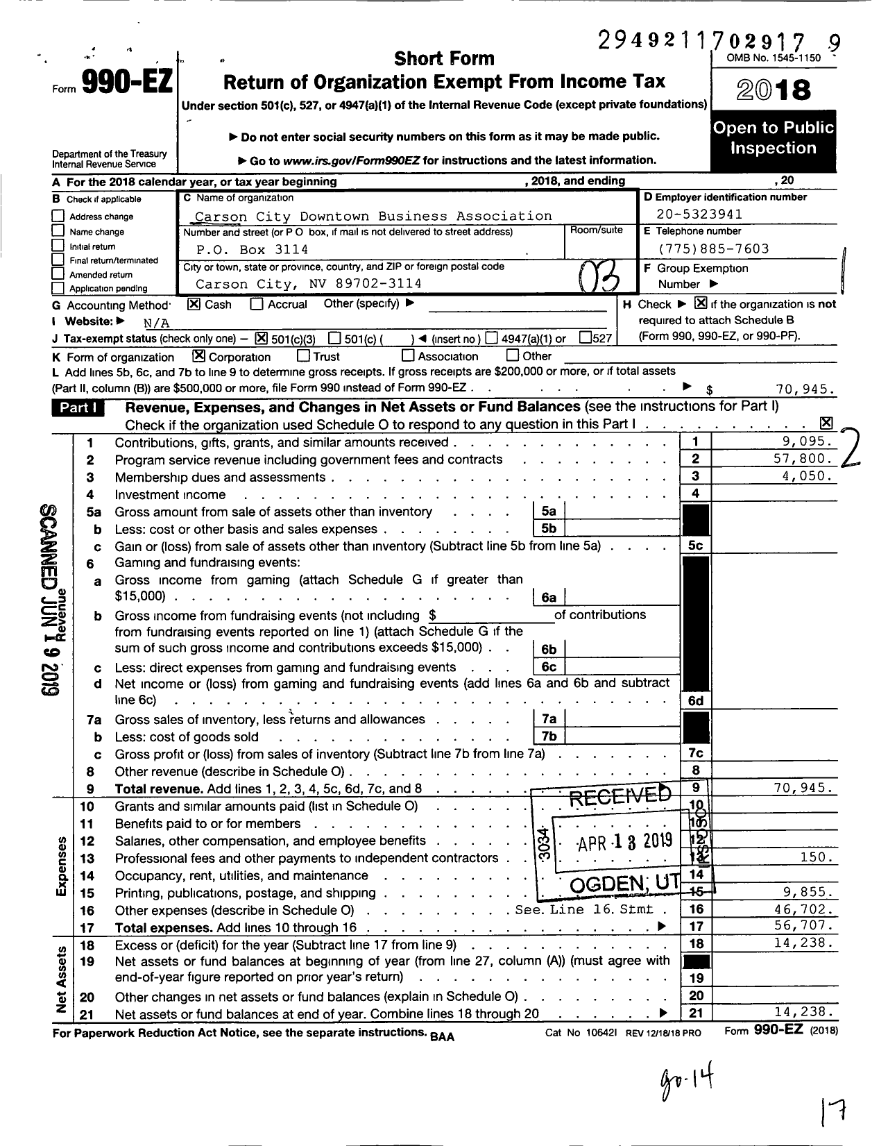 Image of first page of 2018 Form 990EZ for Carson City Downtown Business Association