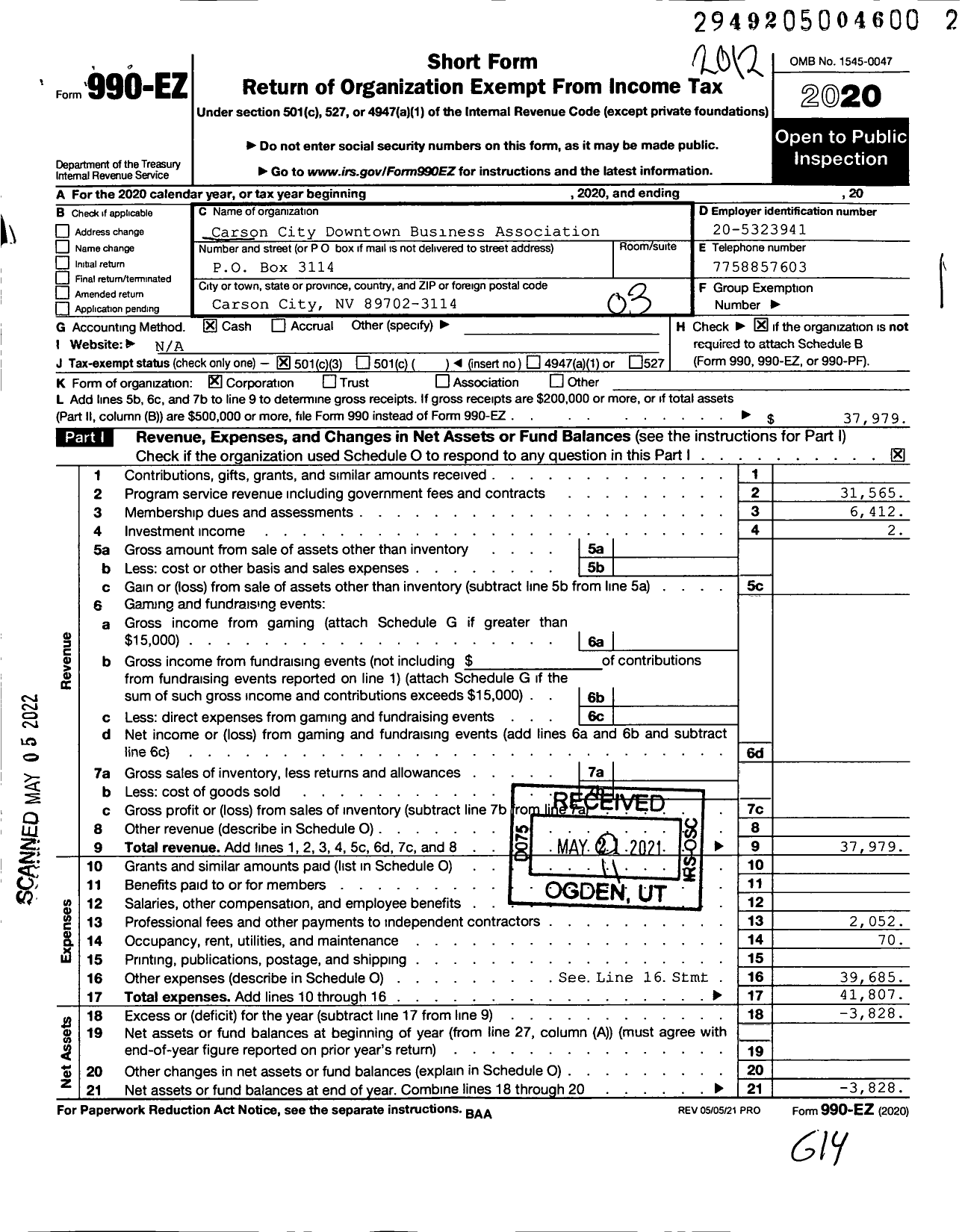 Image of first page of 2020 Form 990EZ for Carson City Downtown Business Association