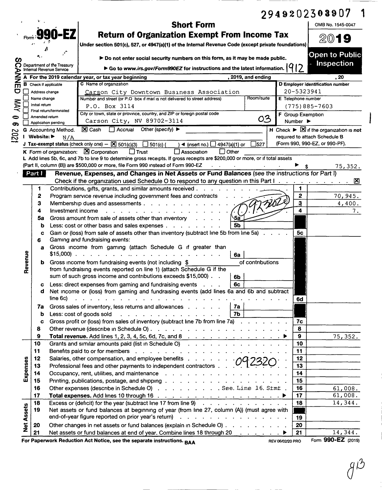 Image of first page of 2019 Form 990EZ for Carson City Downtown Business Association