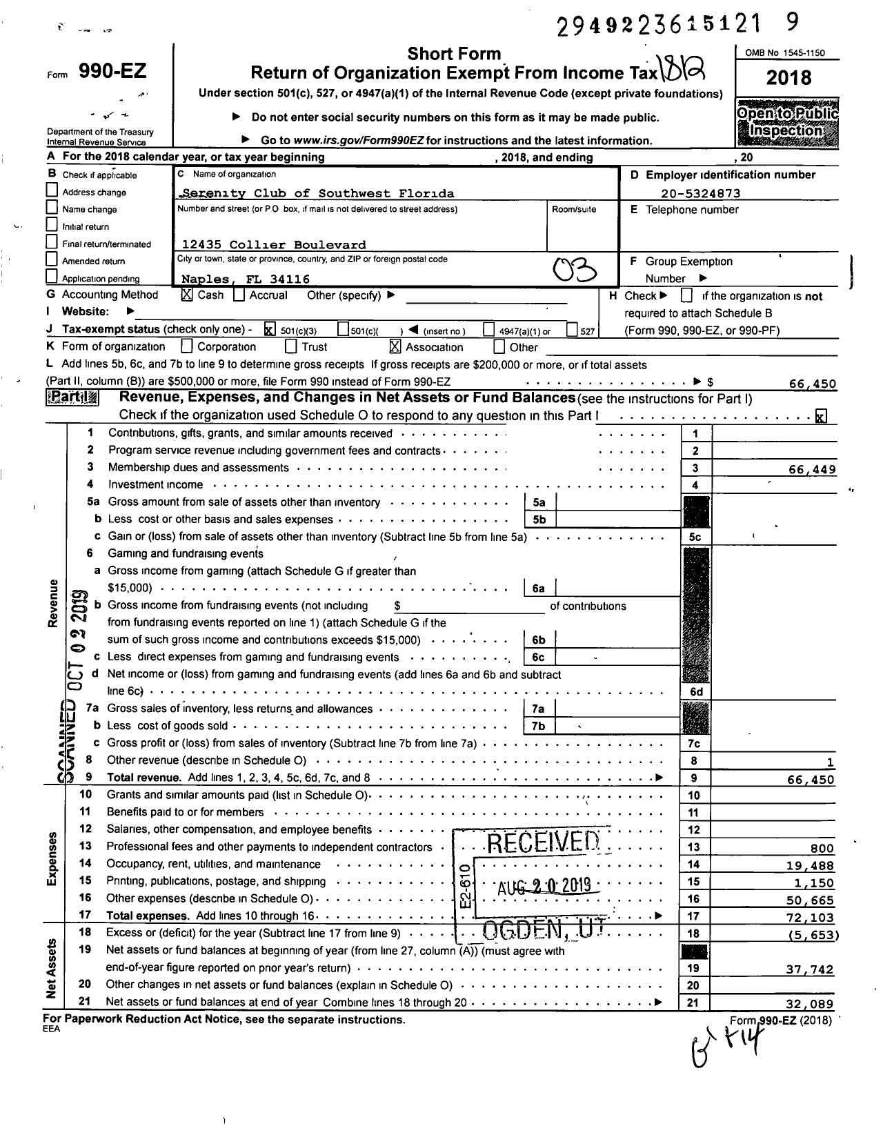 Image of first page of 2018 Form 990EZ for Serenity Club of Southwest Florida