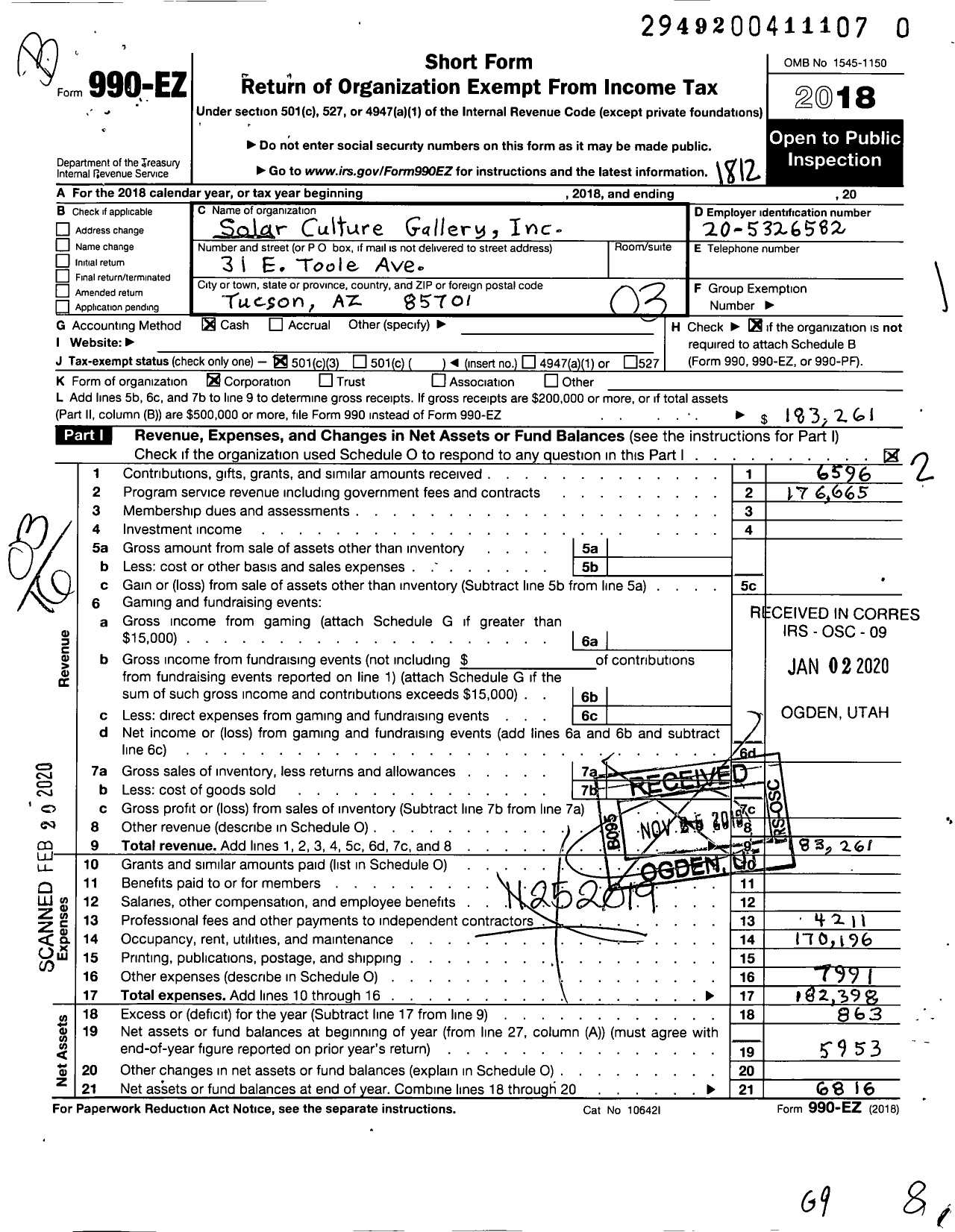 Image of first page of 2018 Form 990EZ for Solar Culture Gallery Incorporated