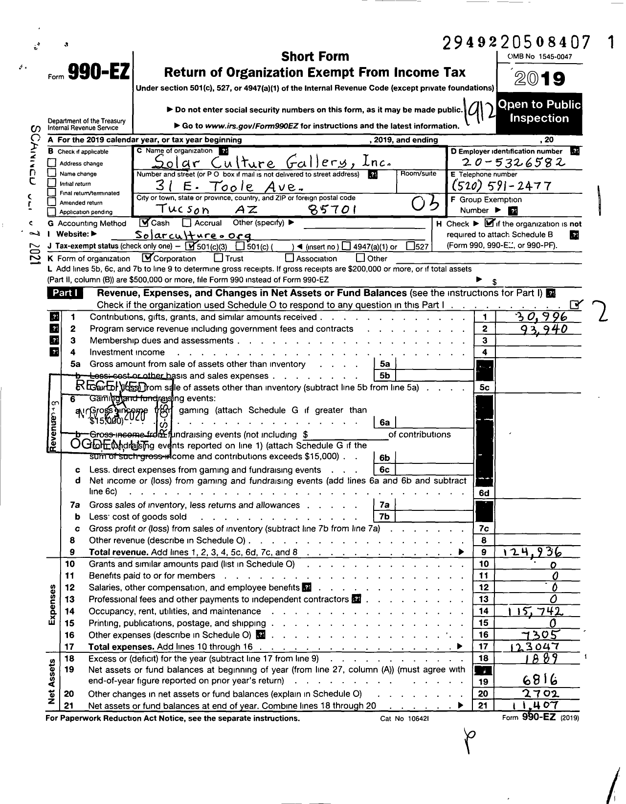 Image of first page of 2019 Form 990EZ for Solar Culture Gallery Incorporated