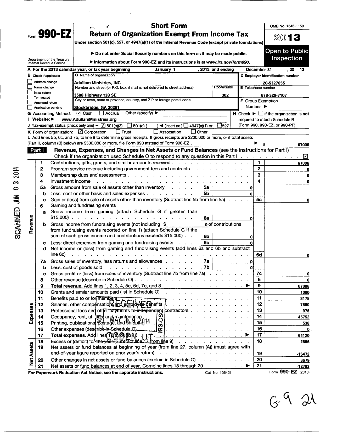 Image of first page of 2013 Form 990EZ for Adullam Ministries Incorporated