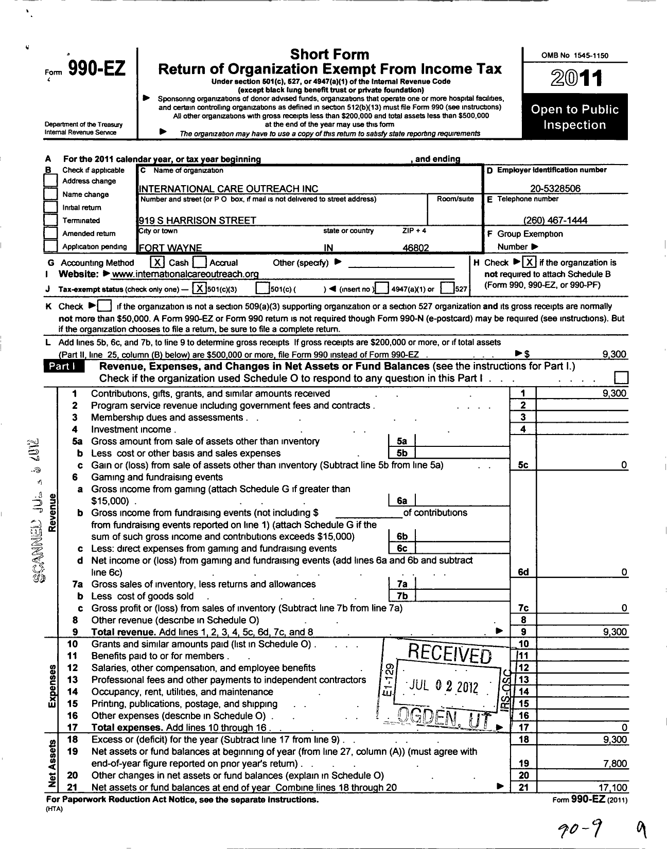 Image of first page of 2011 Form 990EZ for International Care Outreach