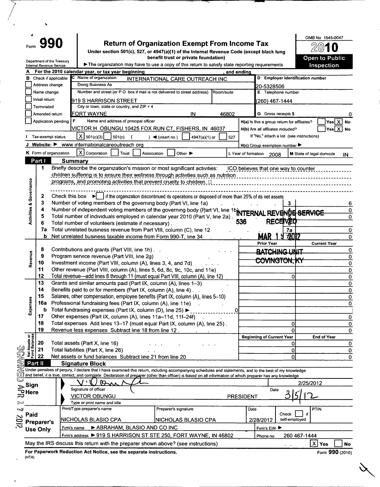 Image of first page of 2010 Form 990 for International Care Outreach