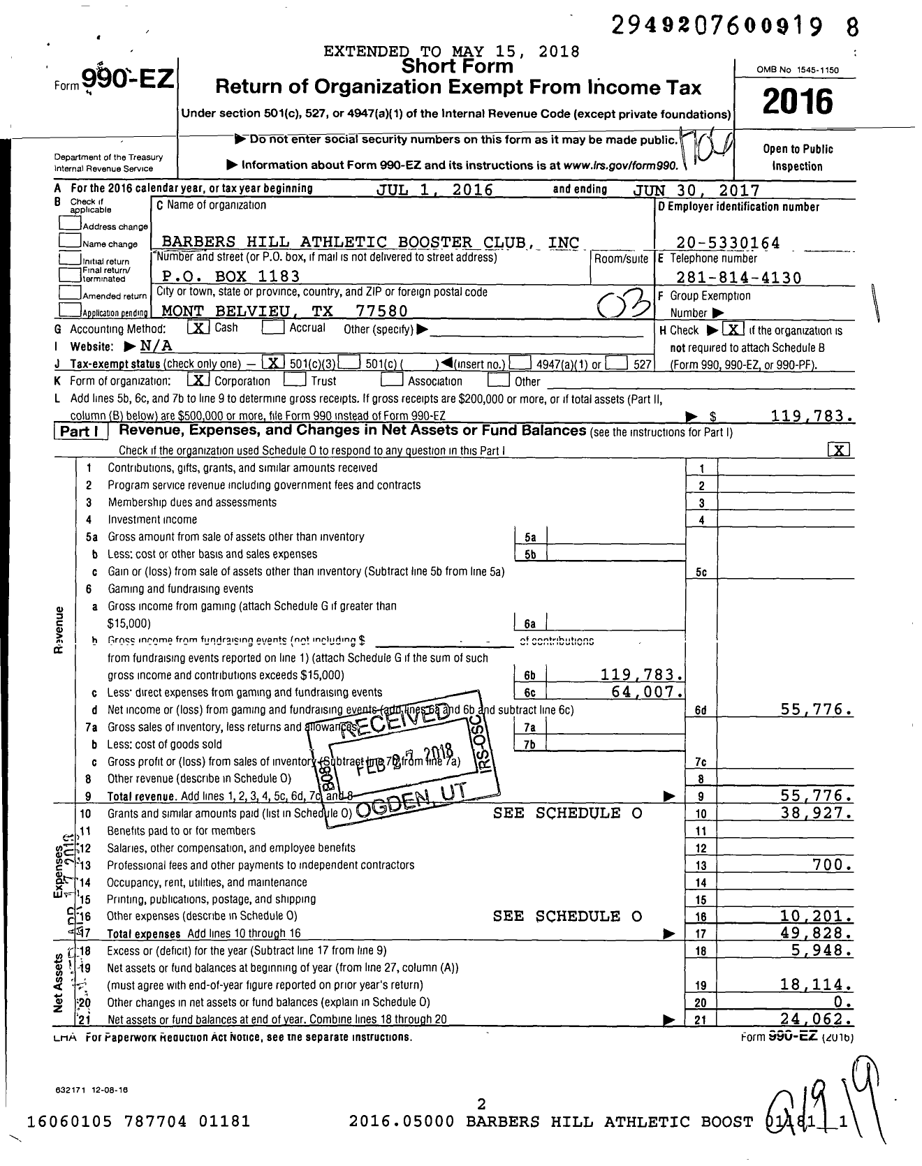 Image of first page of 2016 Form 990EZ for Barbers Hill Athletic Booster Club