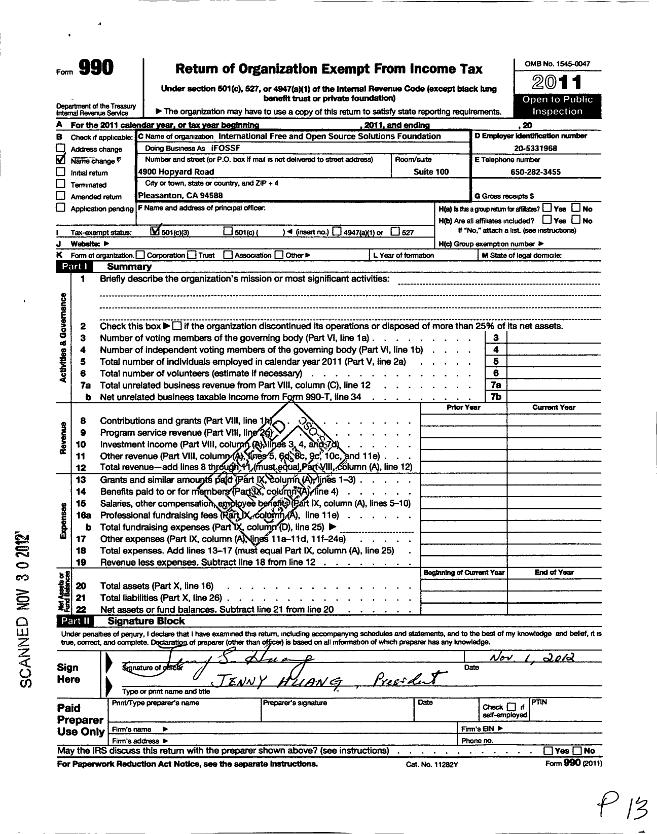 Image of first page of 2011 Form 990 for International Free and Open Source Solutions Foundation (IFOSSF)