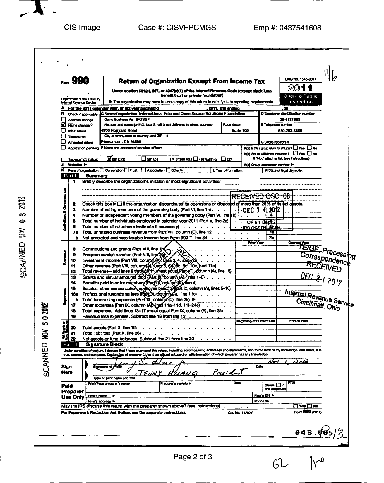 Image of first page of 2012 Form 990 for International Free and Open Source Solutions Foundation (IFOSSF)