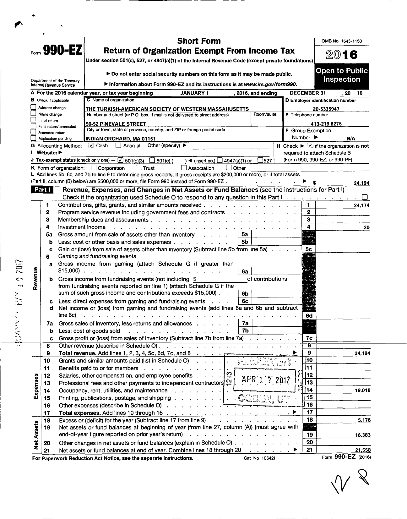 Image of first page of 2016 Form 990EZ for Turkish-American Society of Westernmassachusetts