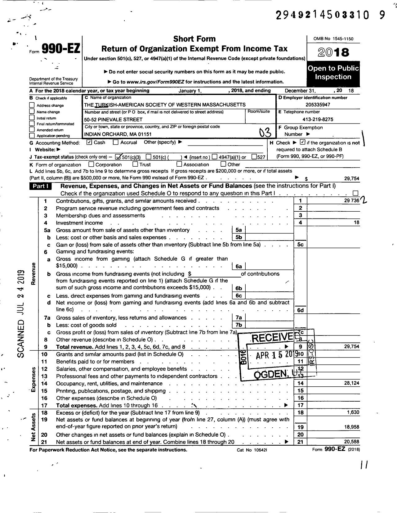 Image of first page of 2018 Form 990EZ for Turkish-American Society of Westernmassachusetts