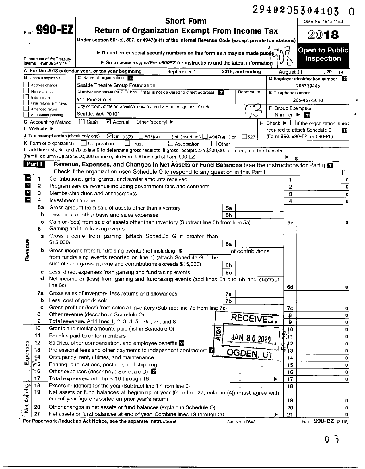 Image of first page of 2018 Form 990EZ for Seattle Theatre Group Foundation