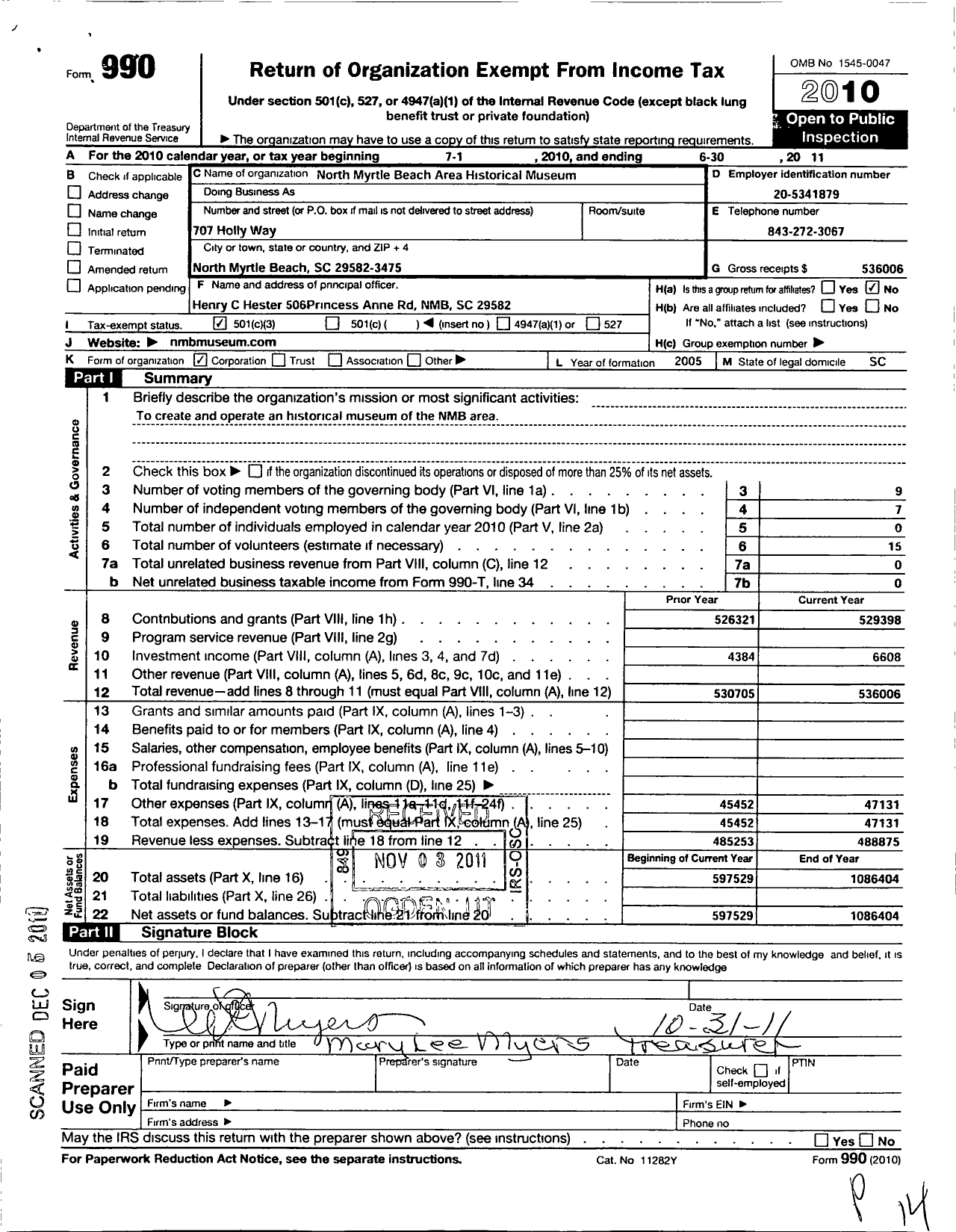 Image of first page of 2010 Form 990 for North Myrtle Beach Area Historical Museum