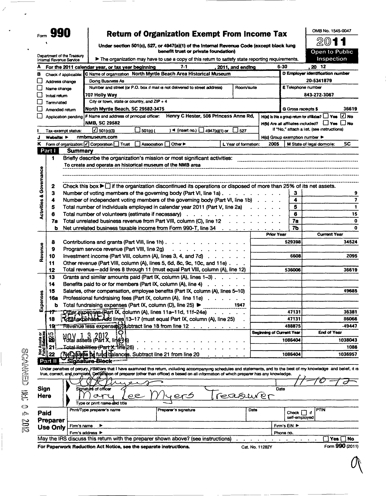 Image of first page of 2011 Form 990 for North Myrtle Beach Area Historical Museum