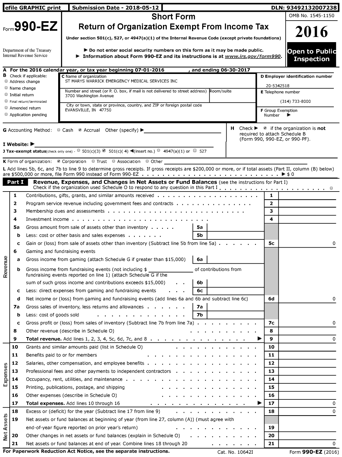 Image of first page of 2016 Form 990EZ for St Marys Warrick Emergency Medical Services