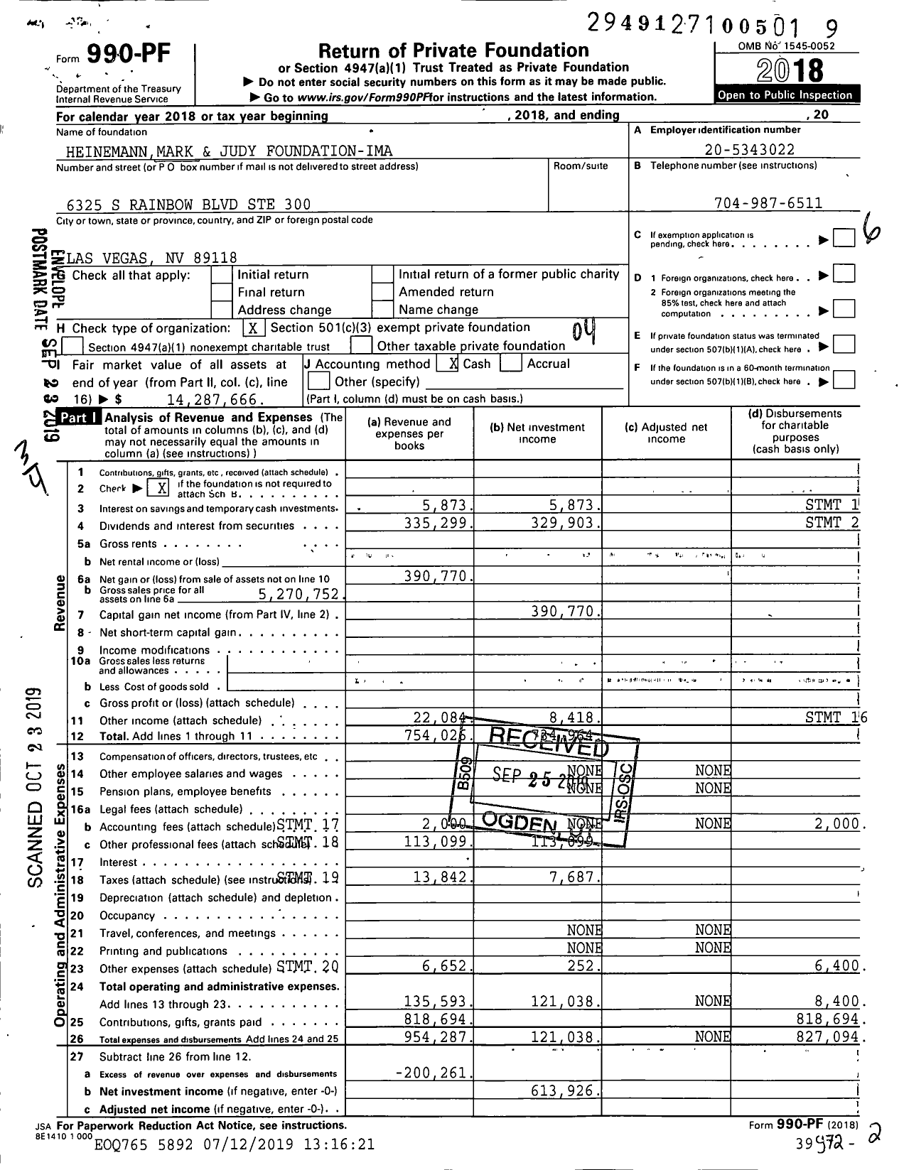 Image of first page of 2018 Form 990PF for Heinemannmark and Judy Foundation-Ima