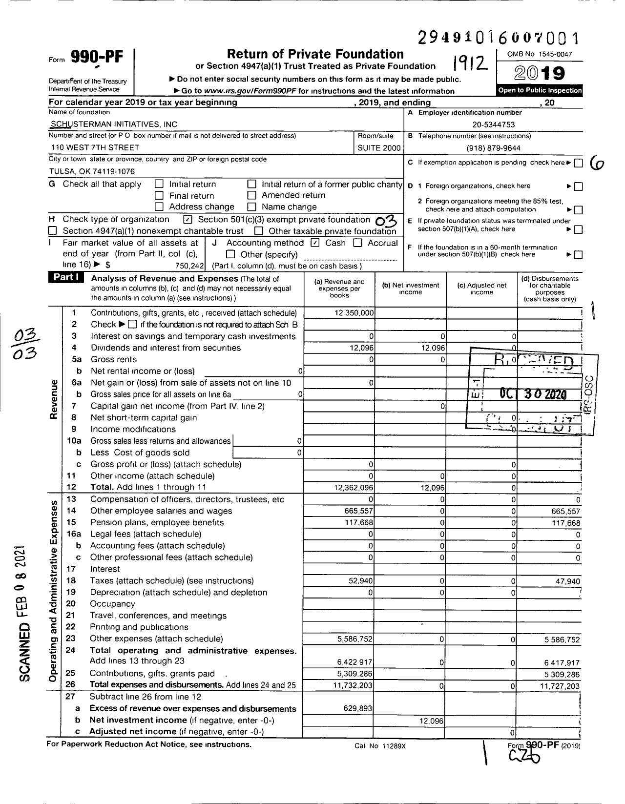 Image of first page of 2019 Form 990PF for Schusterman Initiatives