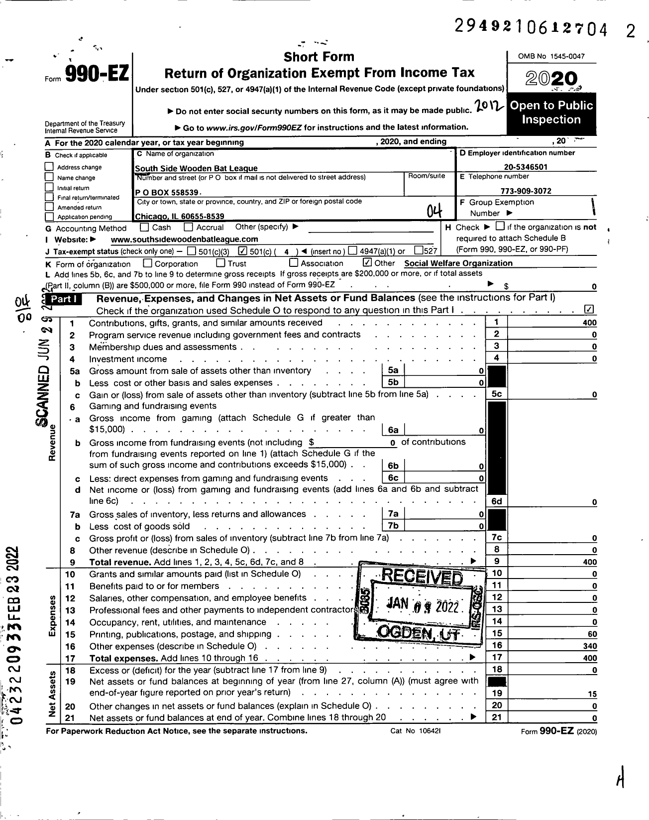 Image of first page of 2020 Form 990EO for South Side Wooden Bat League