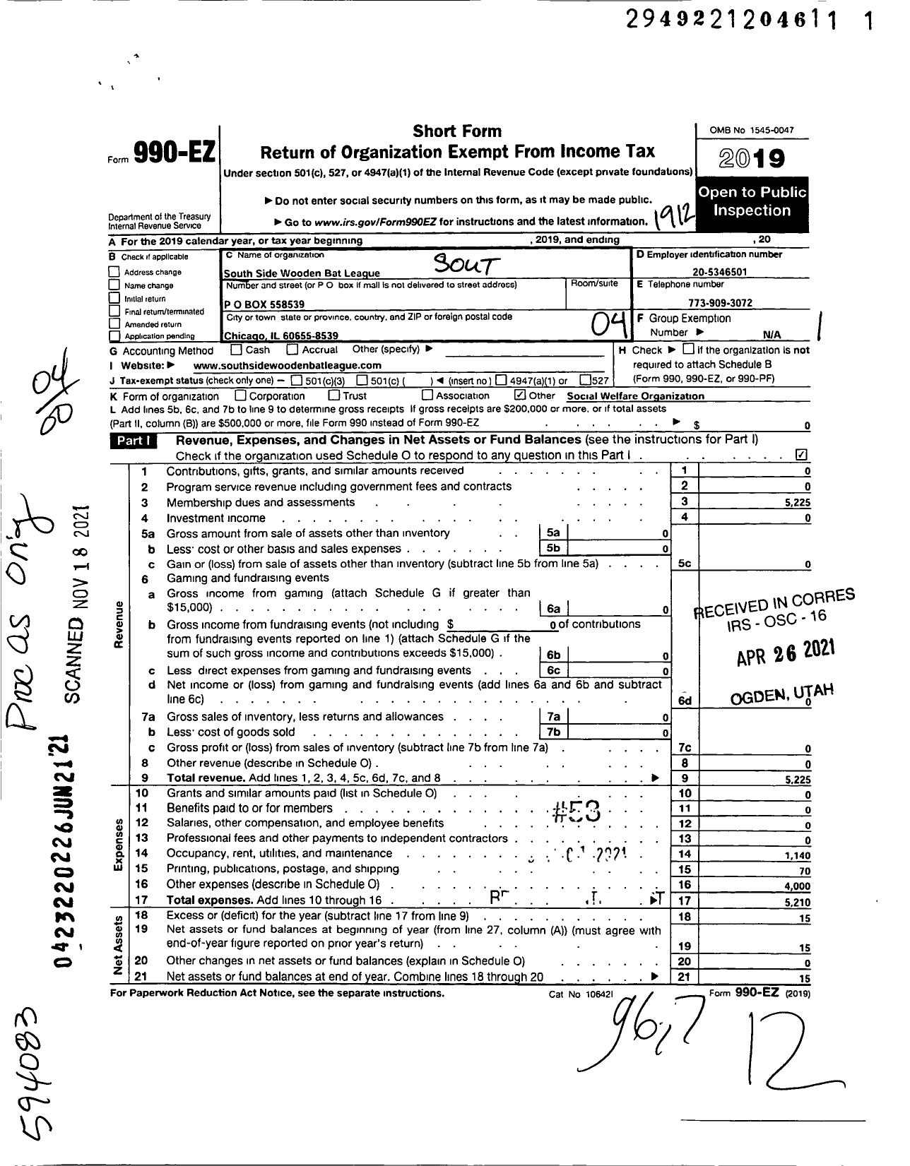 Image of first page of 2019 Form 990EO for South Side Wooden Bat League