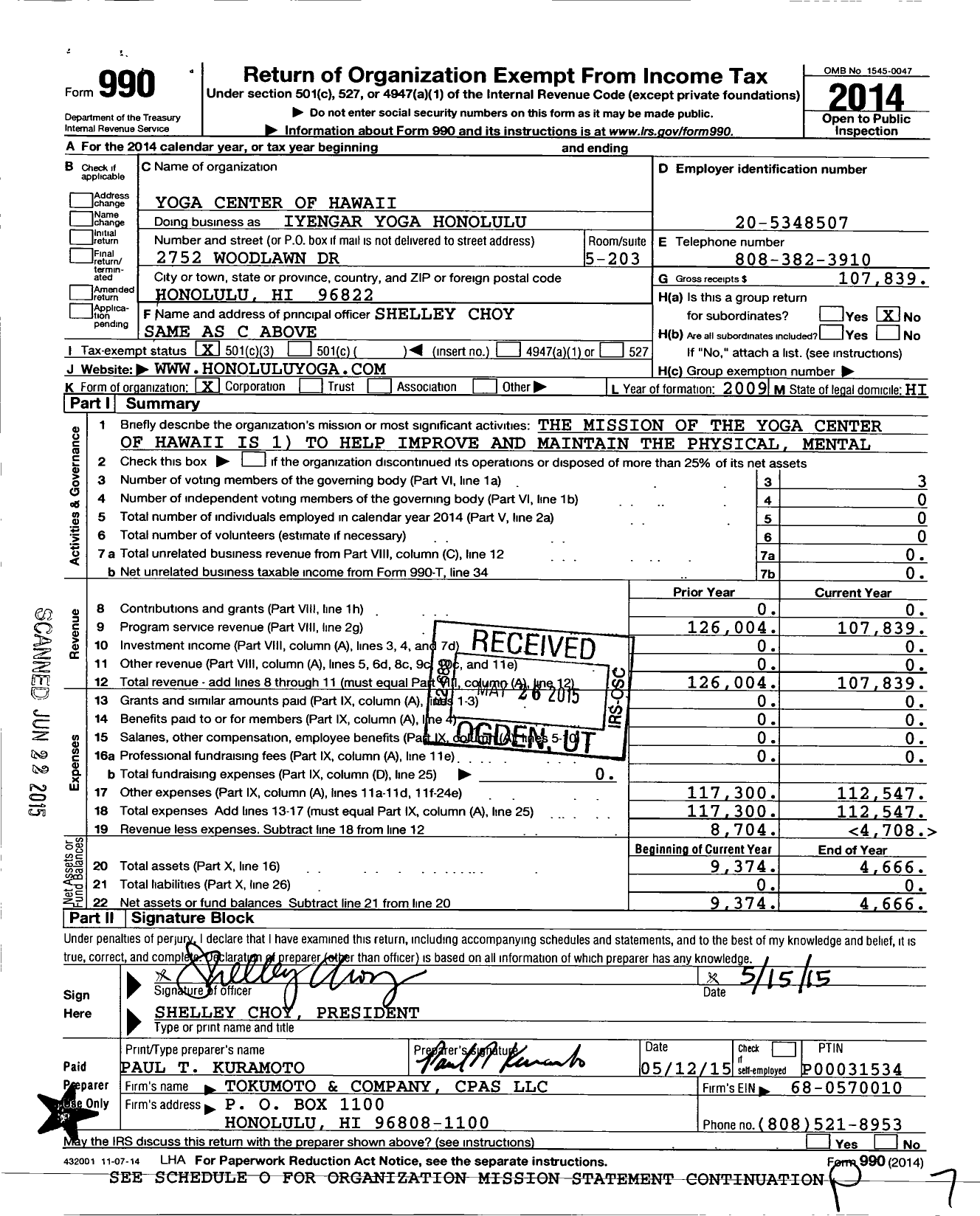 Image of first page of 2014 Form 990 for Yoga Center of Hawaii