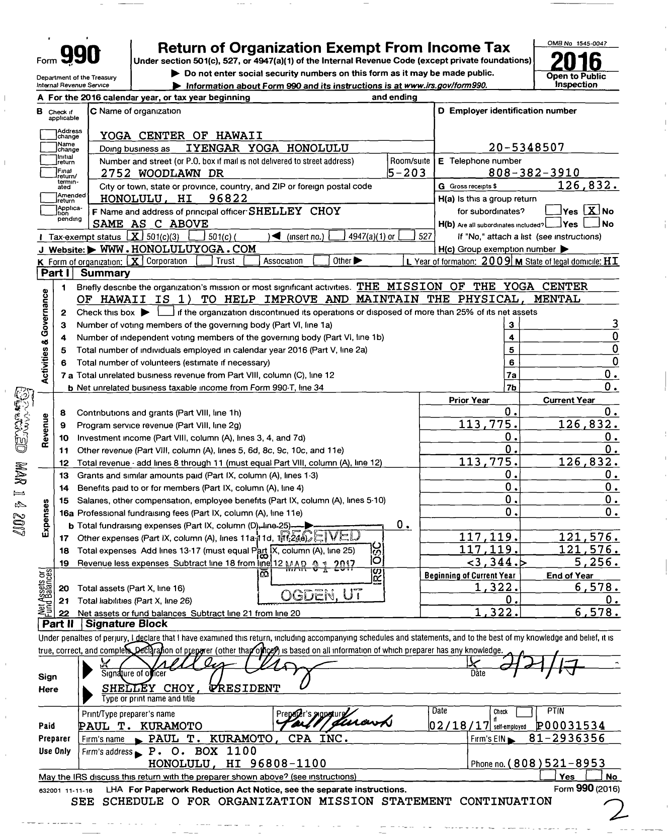 Image of first page of 2016 Form 990 for Yoga Center of Hawaii