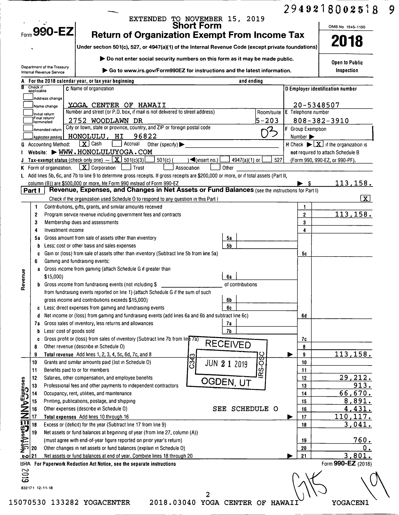 Image of first page of 2018 Form 990EZ for Yoga Center of Hawaii